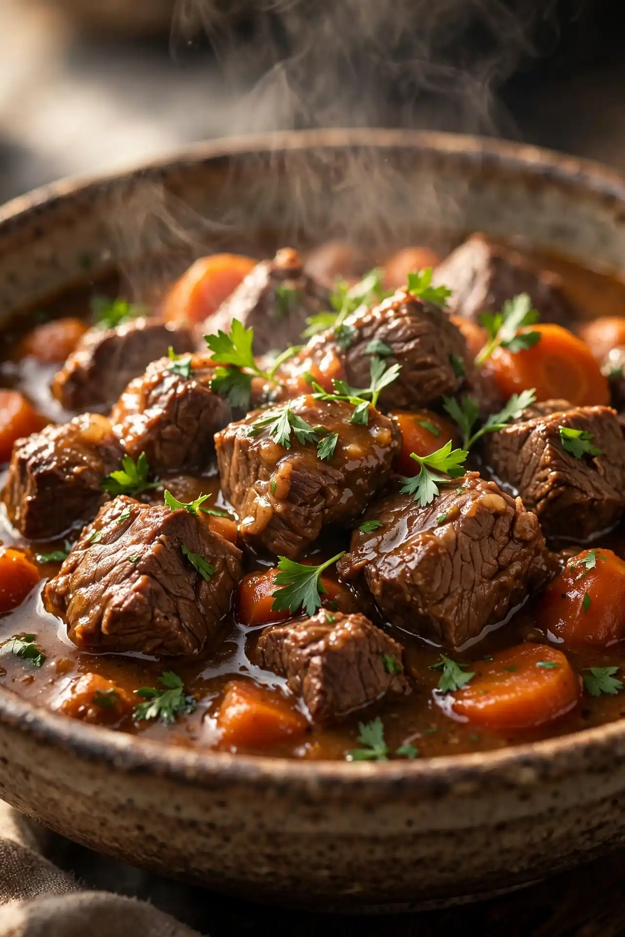 Close-up of beef stew showing tender pull-apart beef and thick glossy broth — beef stew recipe