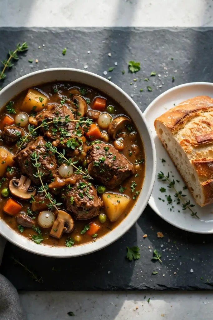 Beef stew in a wide bowl served with crusty bread on a dark slate surface, ready to serve — beef stew recipe