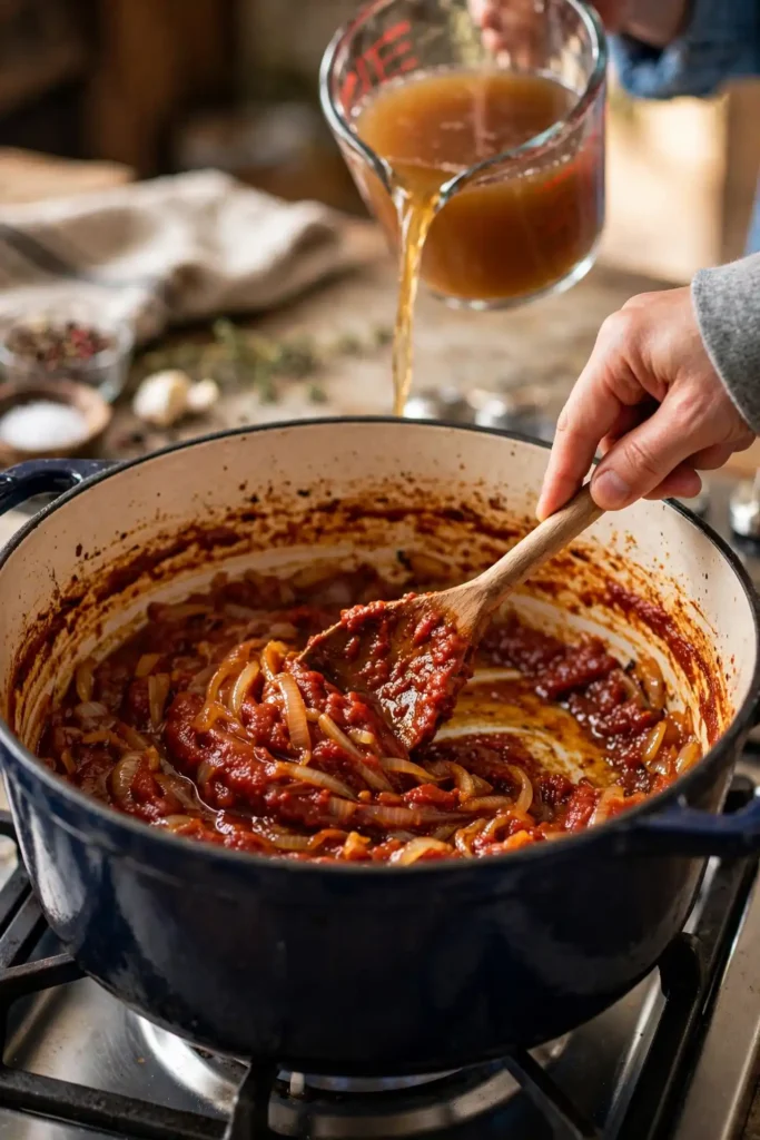 Tomato paste and onions in a Dutch oven with beef broth being added — midpoint step in making beef stew