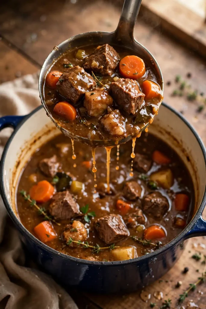 Thick glossy beef stew broth lifted with a ladle showing tender beef chunks — final step in beef stew recipe
