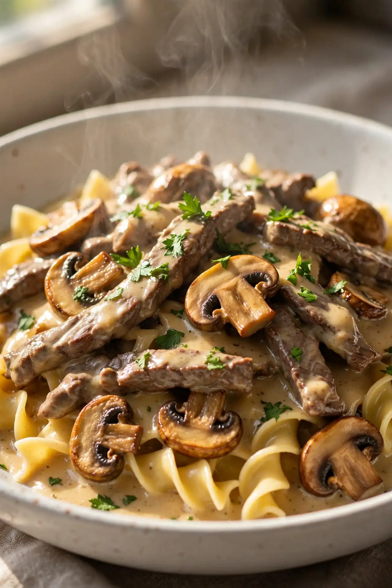 Close-up of beef stroganoff showing silky sour cream sauce and tender beef strips over egg noodles — beef stroganoff