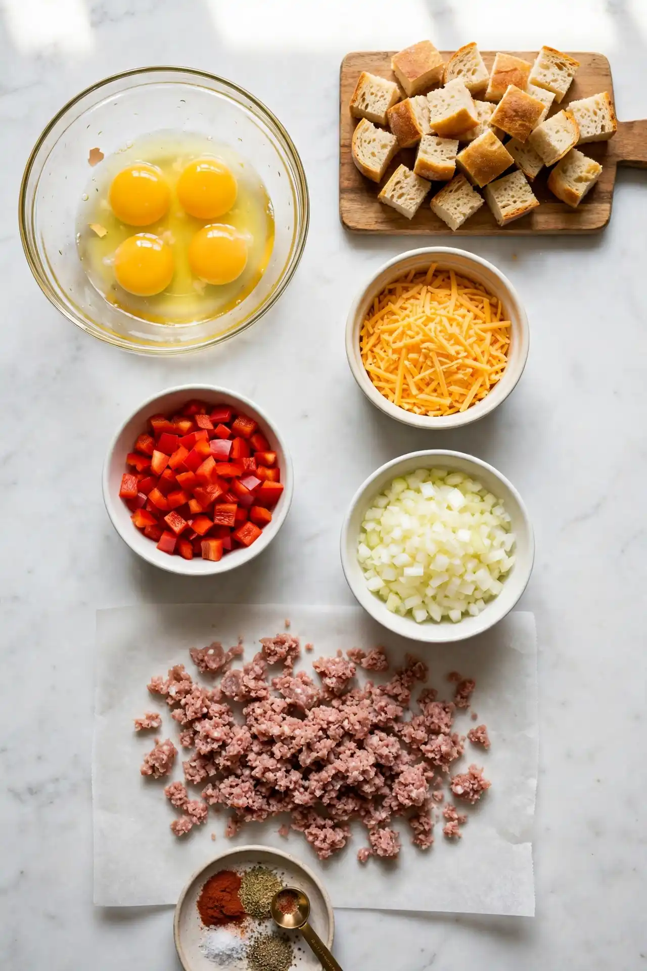 All ingredients for breakfast casserole laid out flat on white marble, including eggs, bread cubes, cheddar, sausage, and vegetables — breakfast casserole ingredients