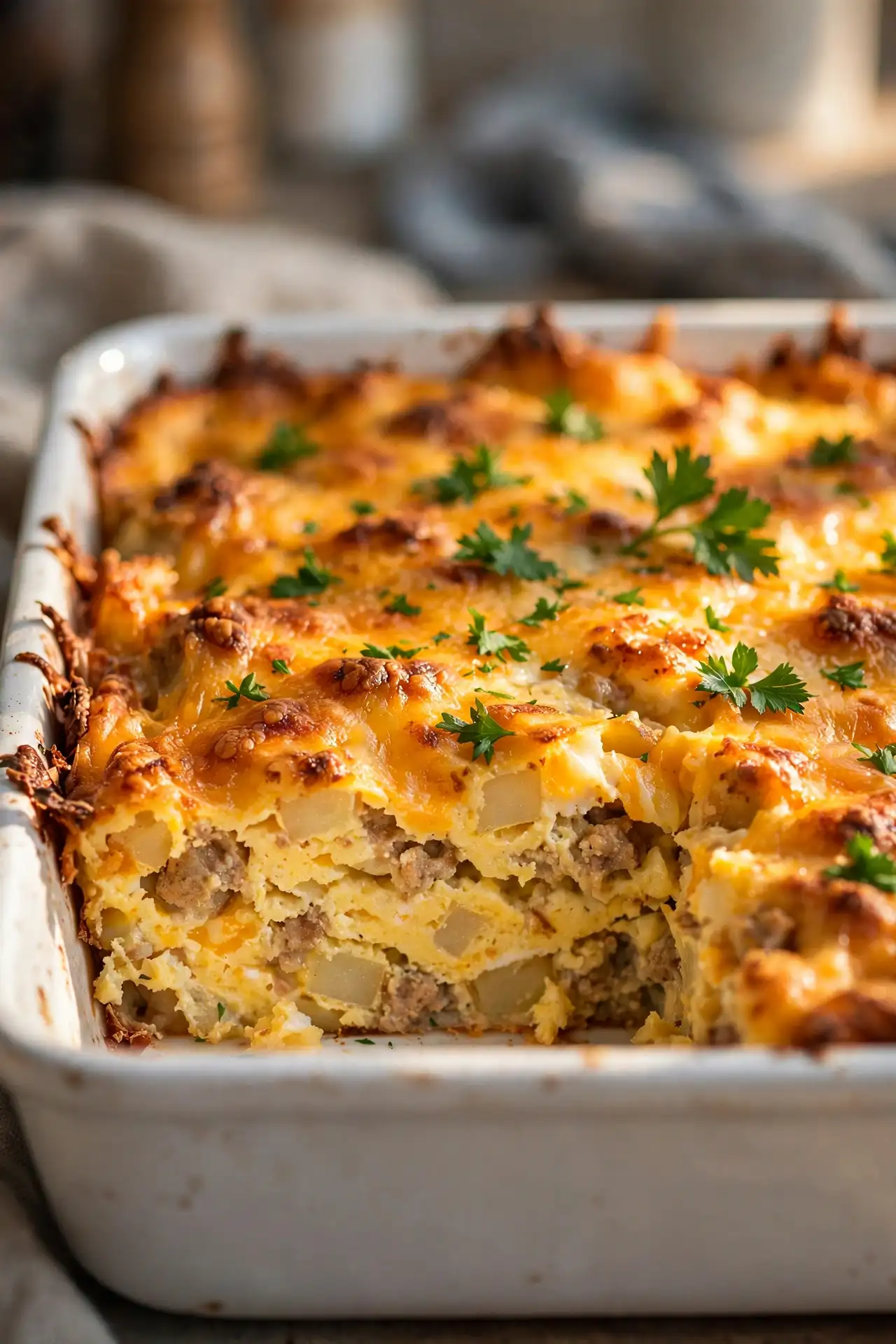 Close-up of breakfast casserole showing golden crust and set egg interior with melted cheddar — breakfast casserole