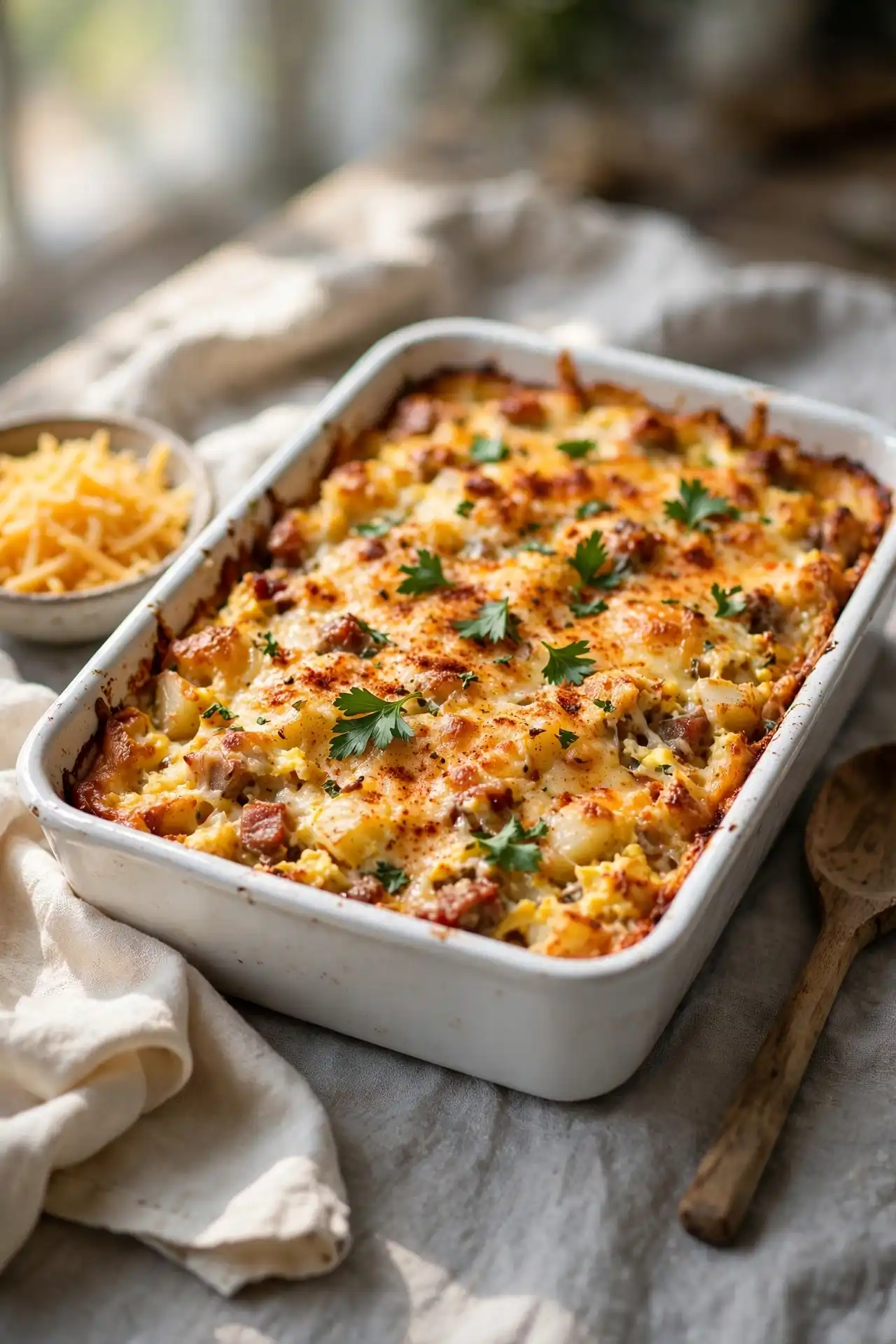 Breakfast casserole served in a white ceramic baking dish on a gray linen surface, garnished with parsley and smoked paprika, natural window light — breakfast casserole