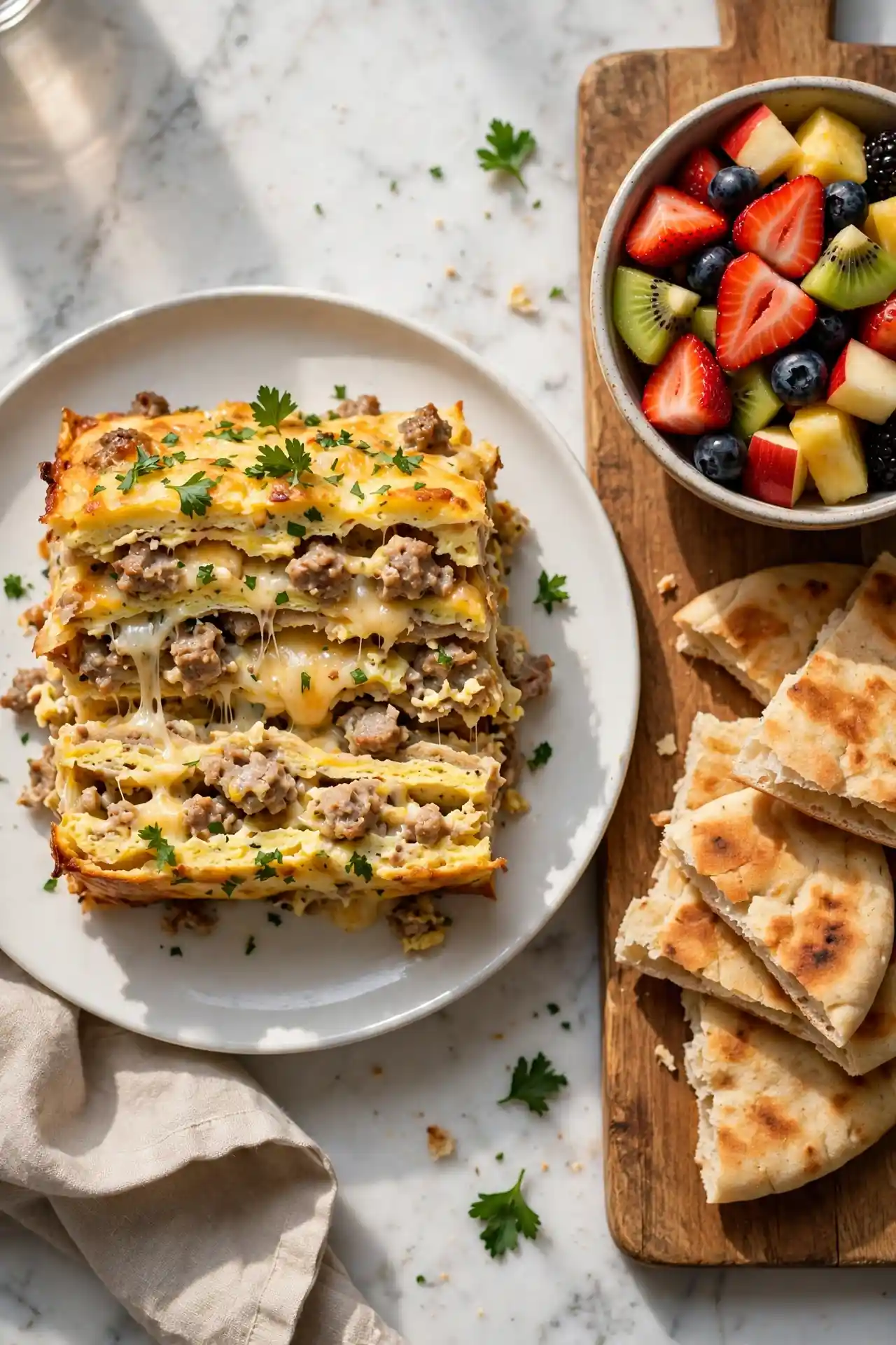 Breakfast casserole plated with fresh fruit and flatbread on white marble, ready to serve — breakfast casserole