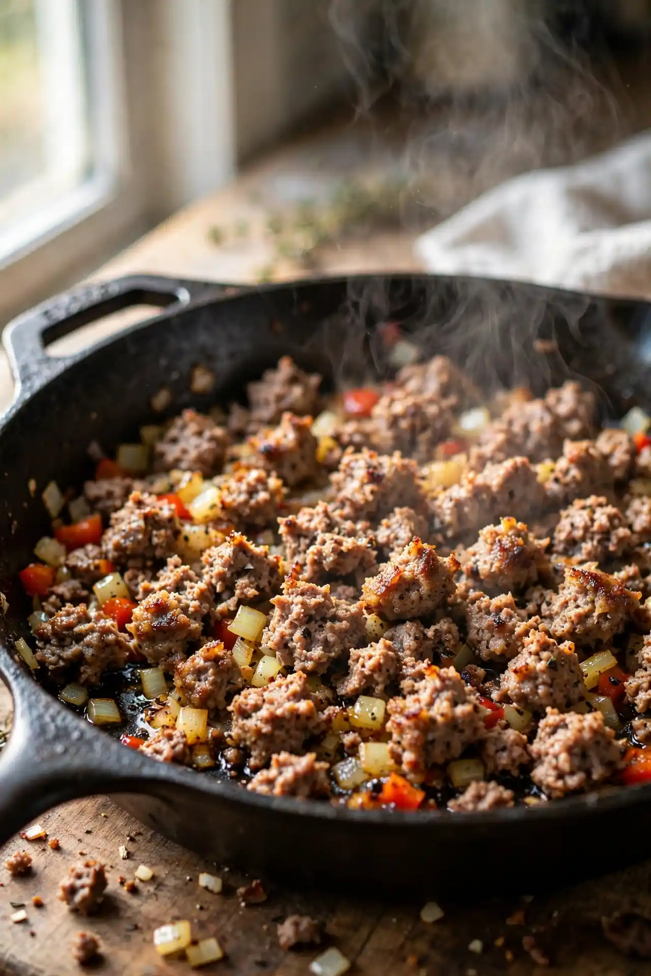 Crumbled sausage, onion, and red bell pepper browning in a skillet — step in making breakfast casserole