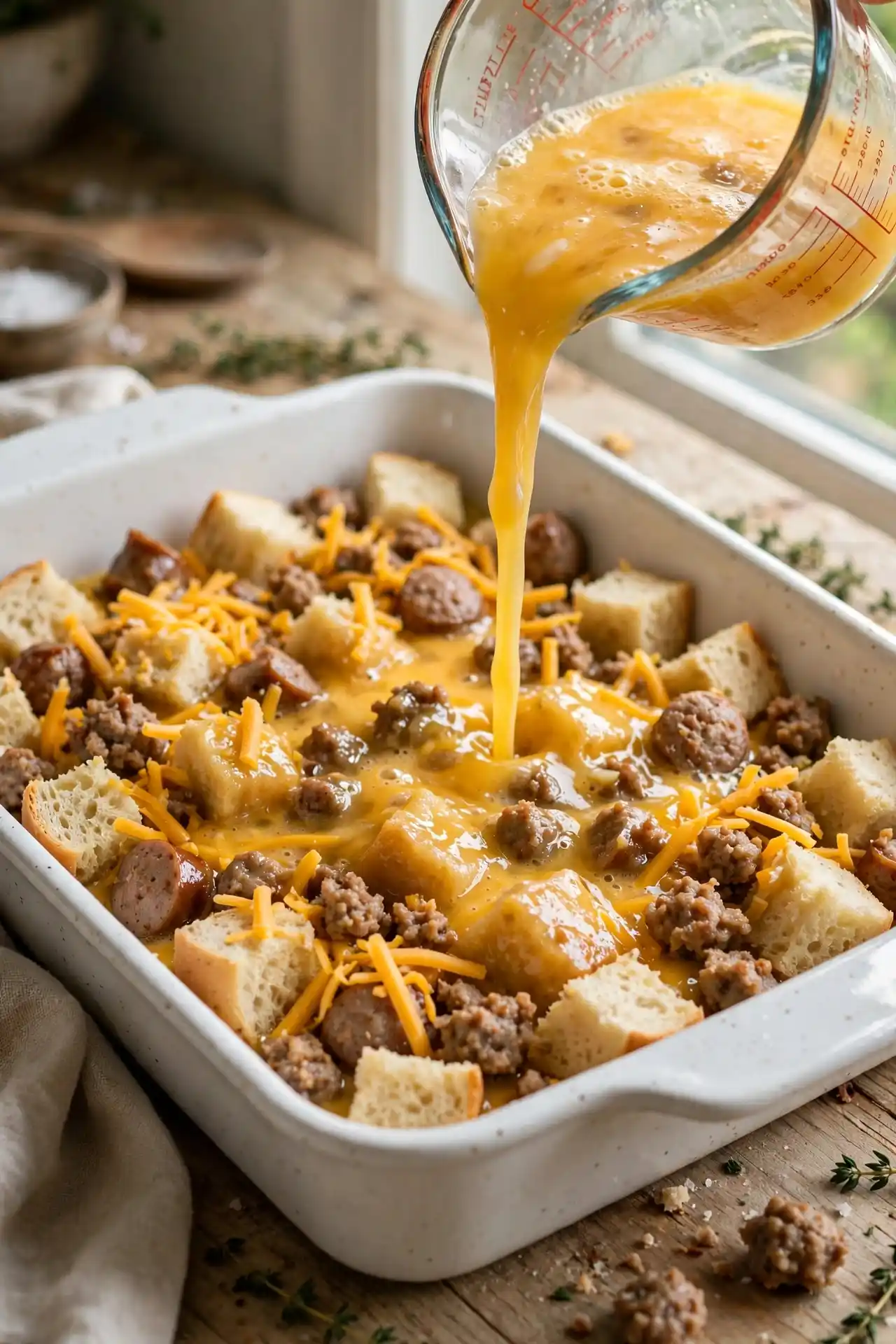 Egg mixture poured over bread and sausage in a baking dish, topped with cheddar — step in making breakfast casserole