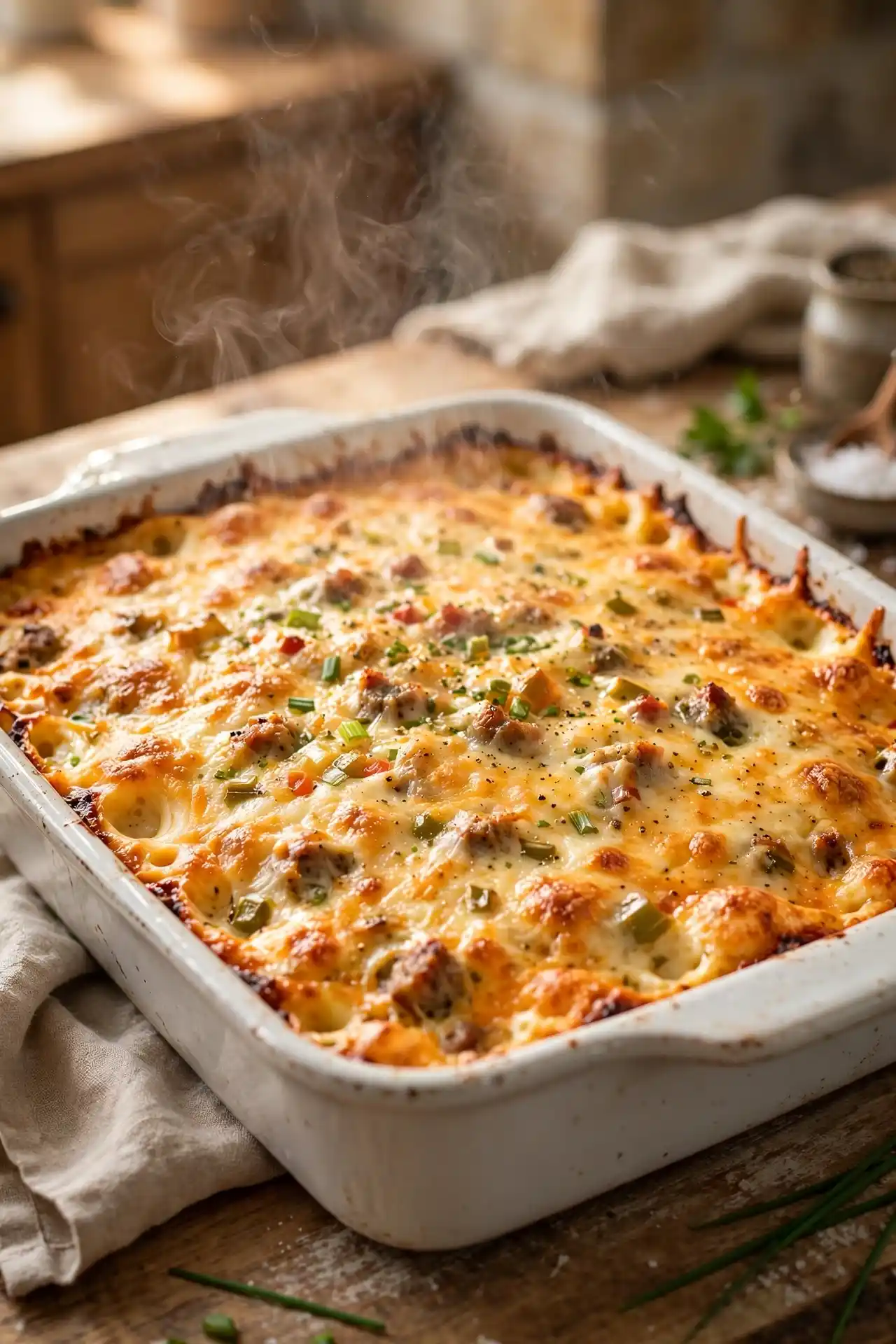Golden breakfast casserole fresh from the oven with set egg center and melted cheddar — step in making breakfast casserole