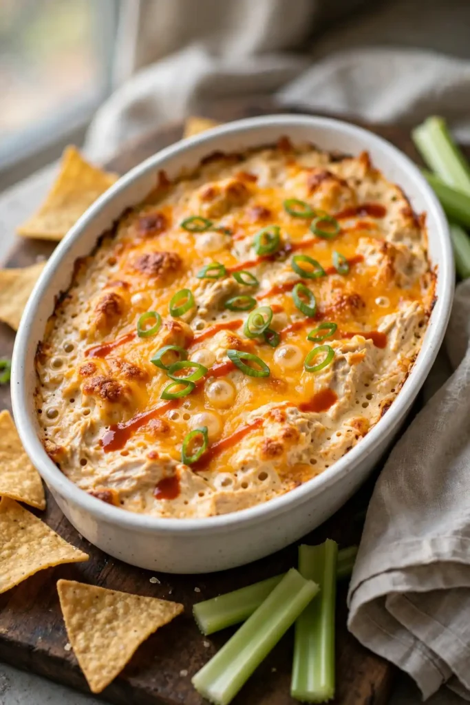 Buffalo chicken dip in a white ceramic dish, golden bubbling cheddar and green onion garnish on a wooden board with chips and celery, natural light — buffalo chicken dip