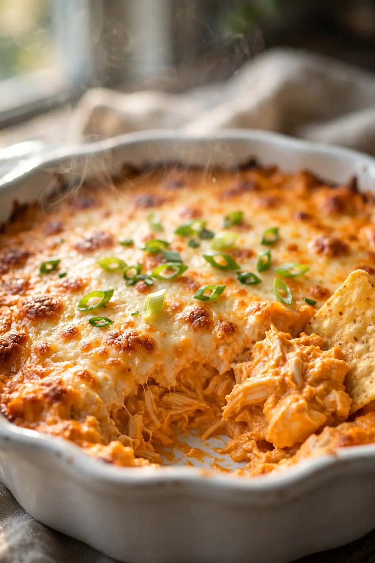 Close-up of buffalo chicken dip showing golden melted cheddar and creamy interior with a scoop taken — buffalo chicken dip