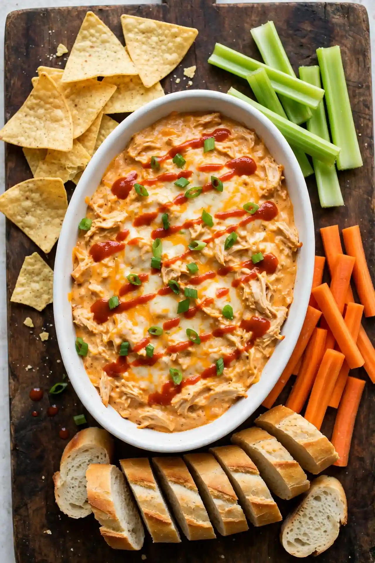 Buffalo chicken dip on a wooden board with tortilla chips, celery, carrot sticks, and baguette slices ready to serve — buffalo chicken dip
