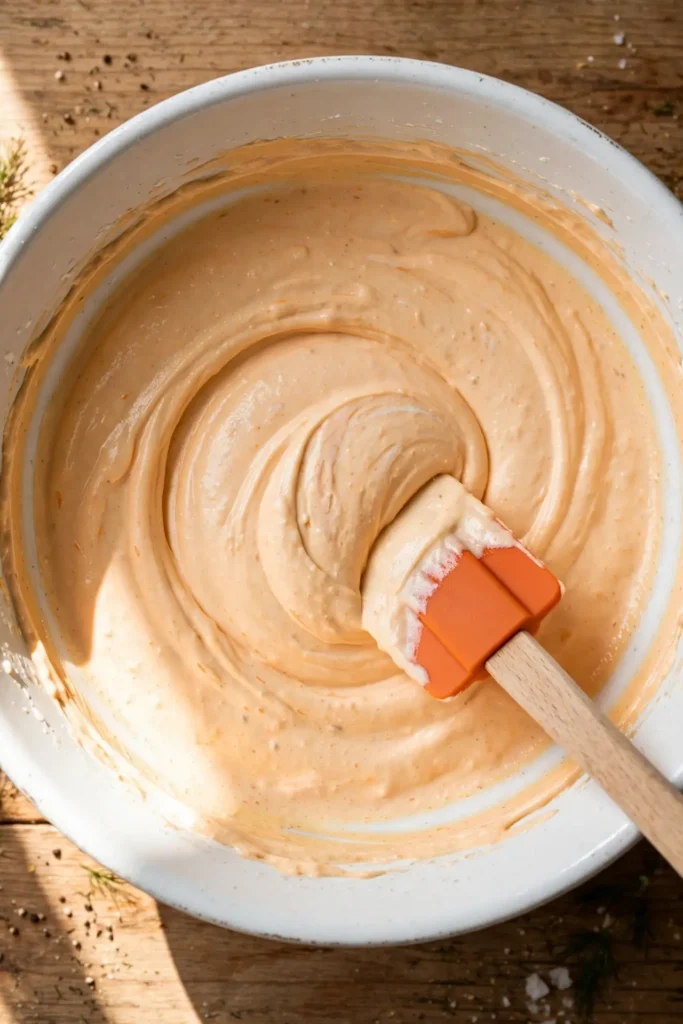 Cream cheese, hot sauce, and ranch dressing being mixed smooth in a large bowl — early step in making buffalo chicken dip