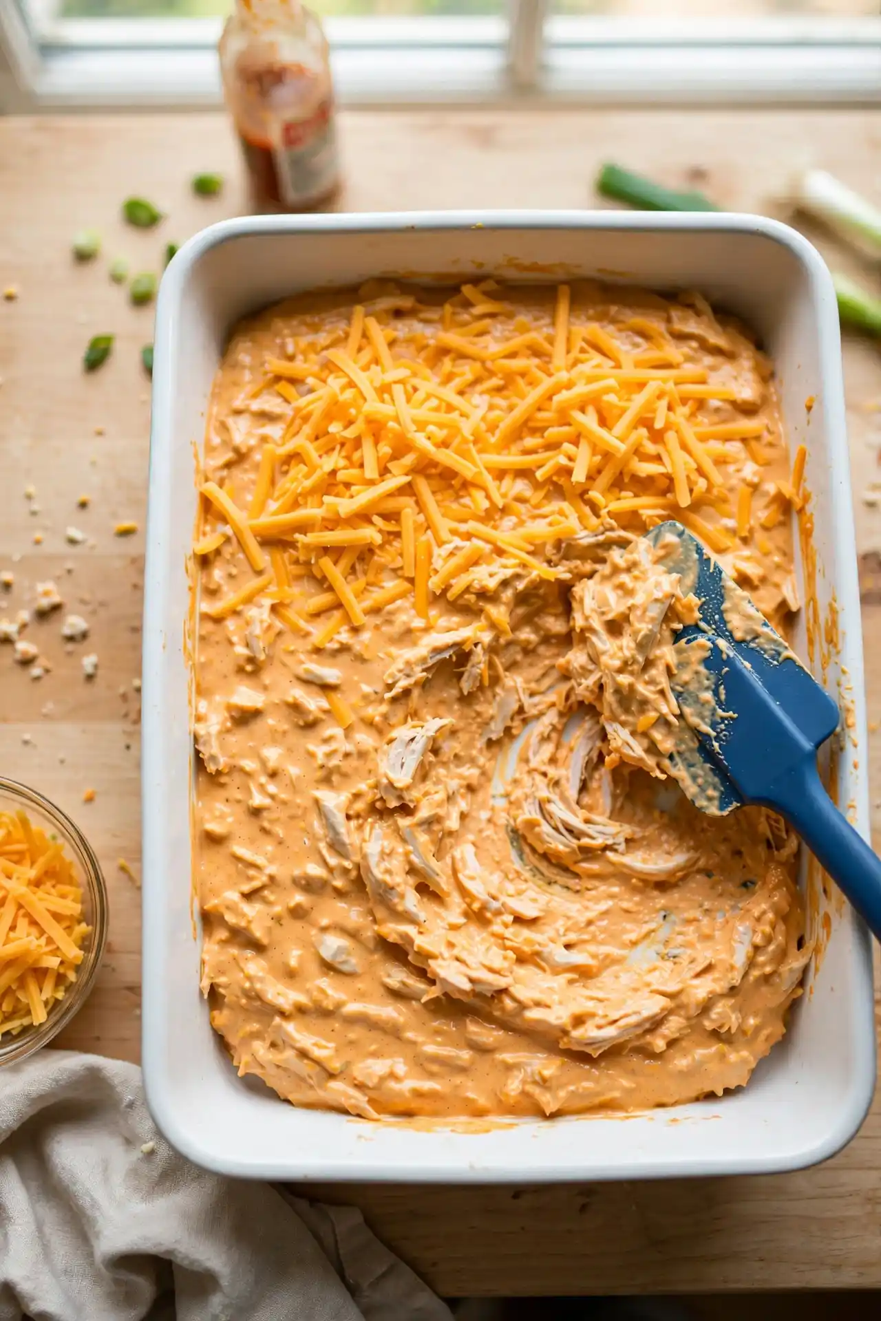 Buffalo chicken dip mixture being spread into a baking dish with cheddar on top — mid-step in making buffalo chicken dip