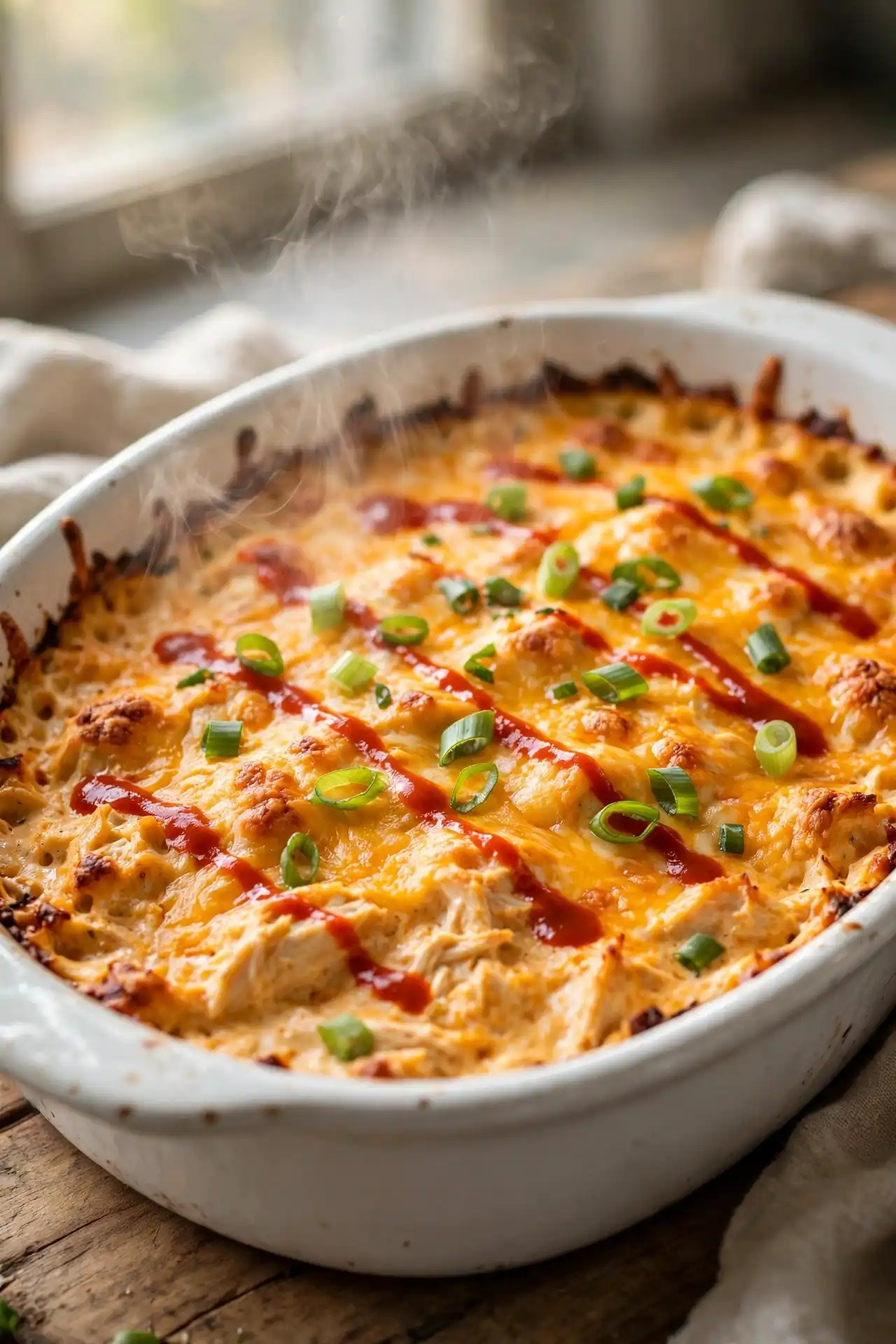 Freshly baked buffalo chicken dip out of the oven, bubbling cheddar and green onion garnish, natural light — buffalo chicken dip