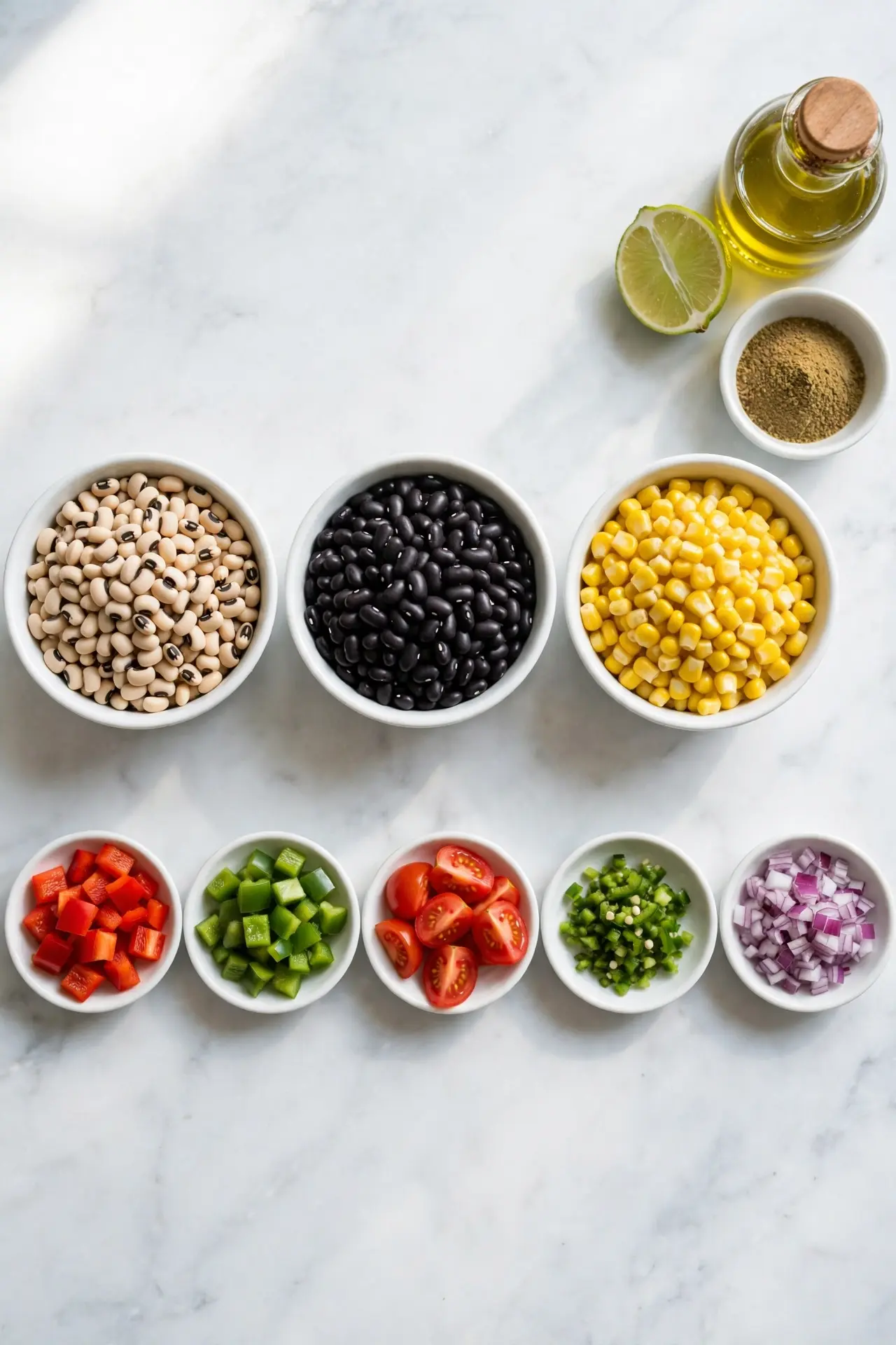 All ingredients for cowboy caviar laid out flat on white marble — cowboy caviar recipe ingredients