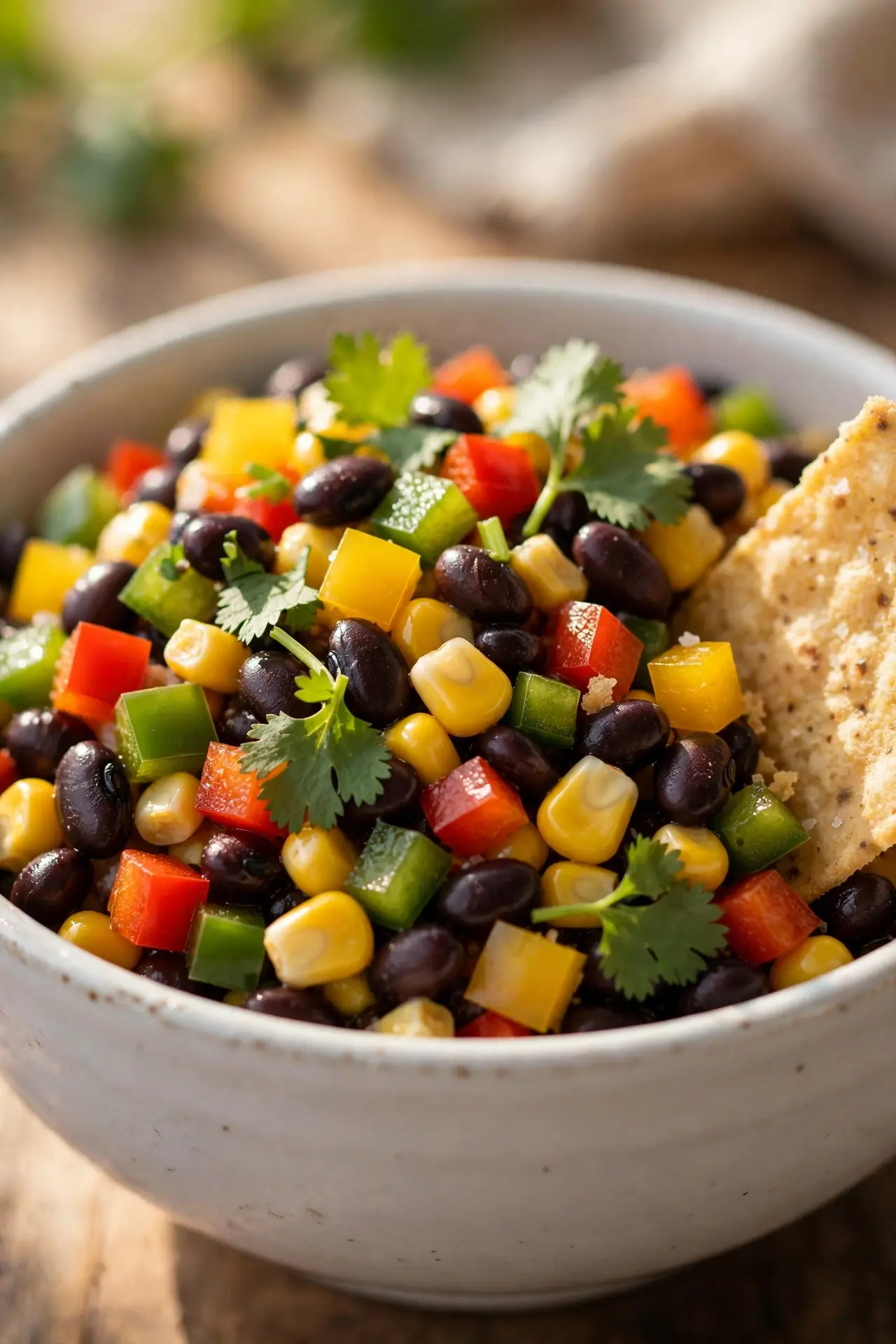 Close-up of cowboy caviar showing black beans, corn, and diced peppers with fresh cilantro garnish — cowboy caviar recipe