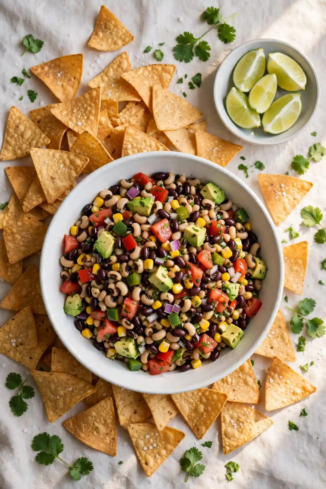 Cowboy caviar in a ceramic bowl with tortilla chips, ready to serve — cowboy caviar recipe serving suggestion