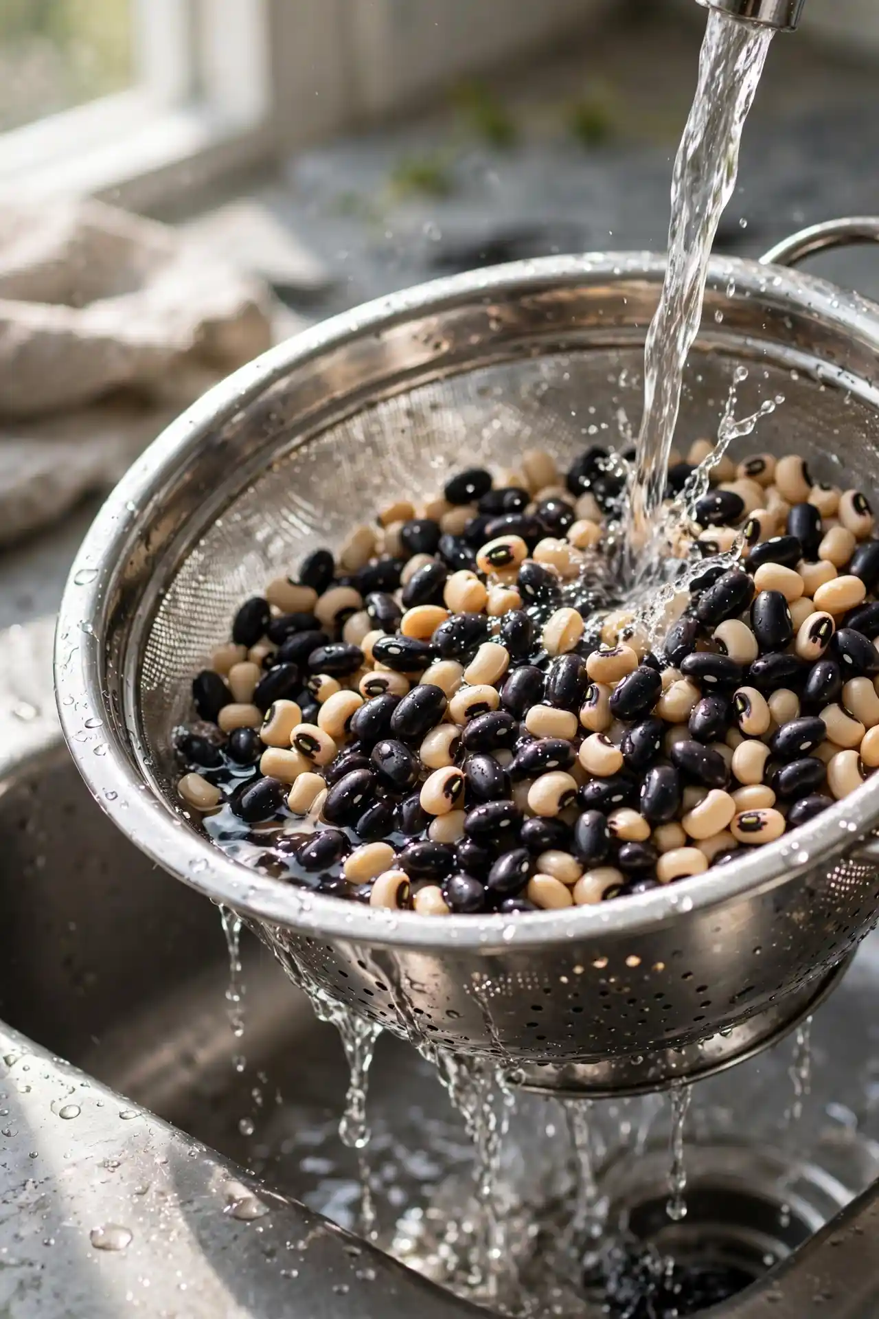 Rinsing black beans and black-eyed peas in a colander under cold water — step in making cowboy caviar recipe