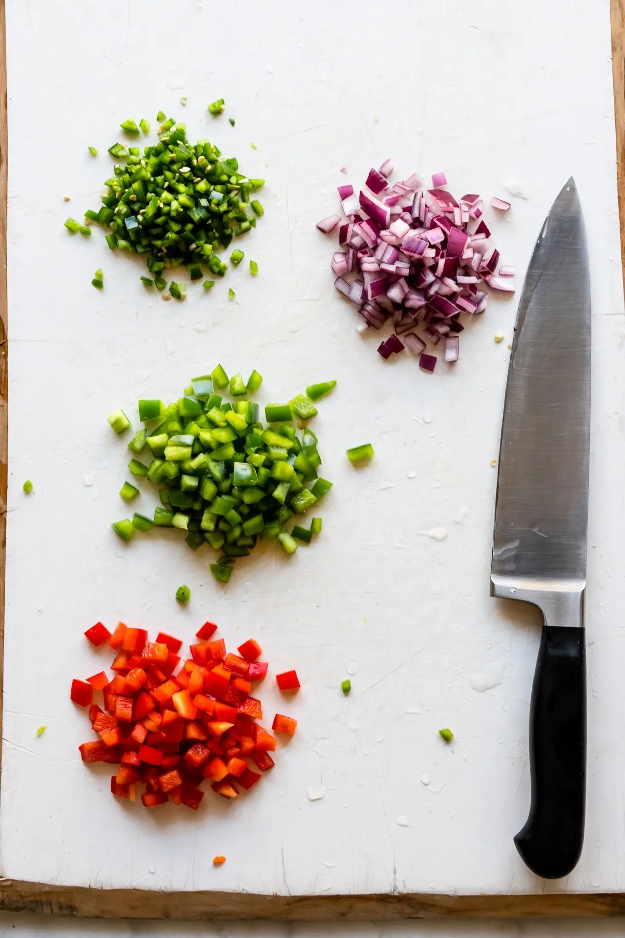 Diced bell peppers, red onion, and jalapeño on a cutting board, step in making cowboy caviar — cowboy caviar step 2
