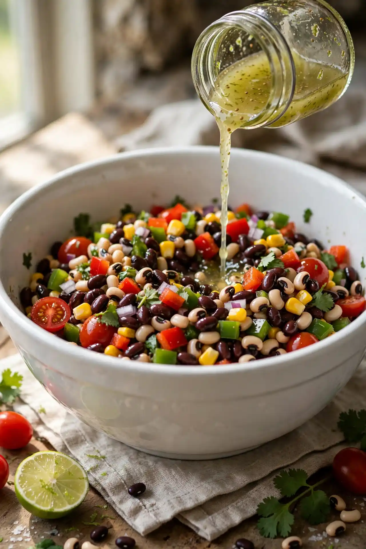 Cowboy caviar ingredients being tossed together in a large mixing bowl with dressing — step in cowboy caviar recipe