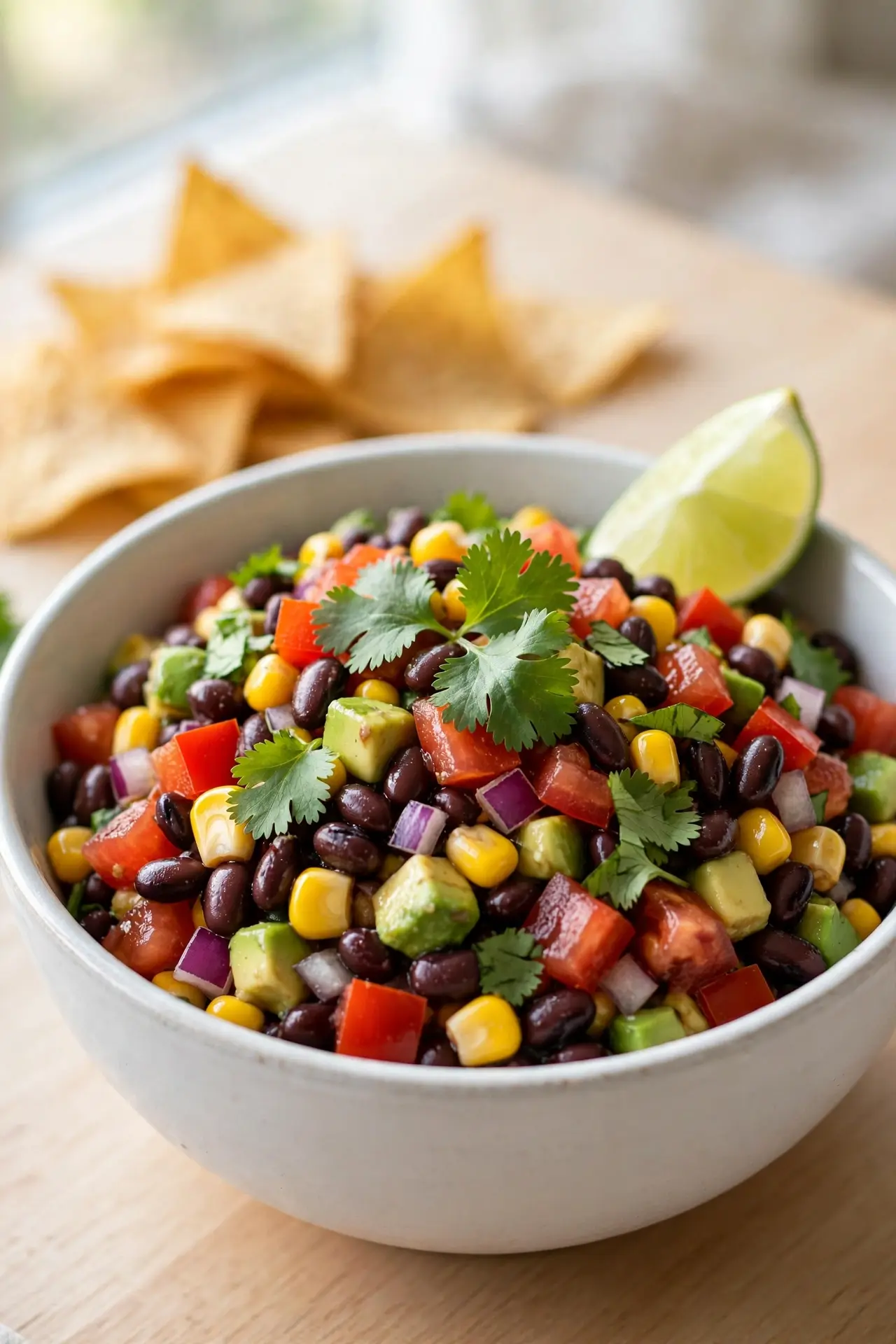 Finished cowboy caviar in a white ceramic bowl garnished with cilantro and lime — final step of cowboy caviar recipe