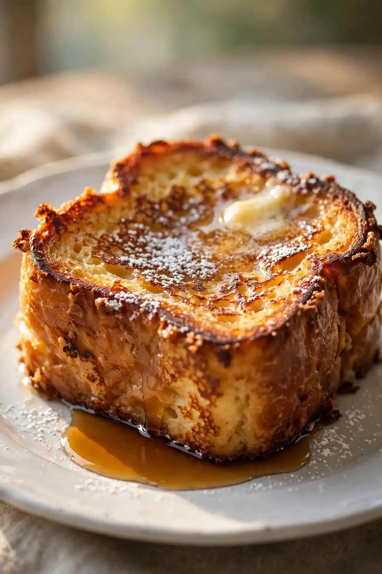 Close-up of golden french toast slice with crispy edges, melting butter, and maple syrup — french toast recipe