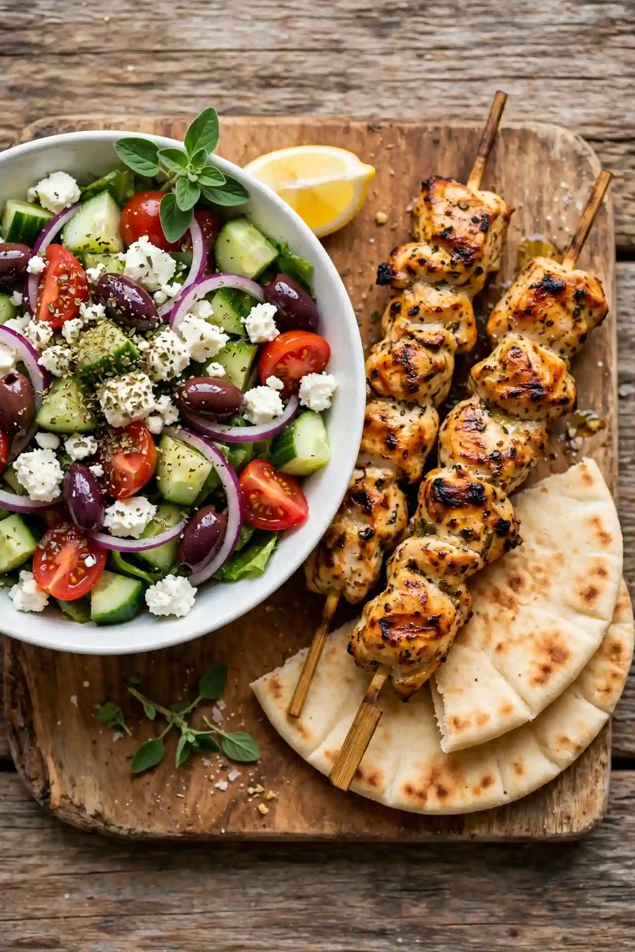 Greek salad plated with grilled chicken skewers and pita bread on a wooden serving board — greek salad