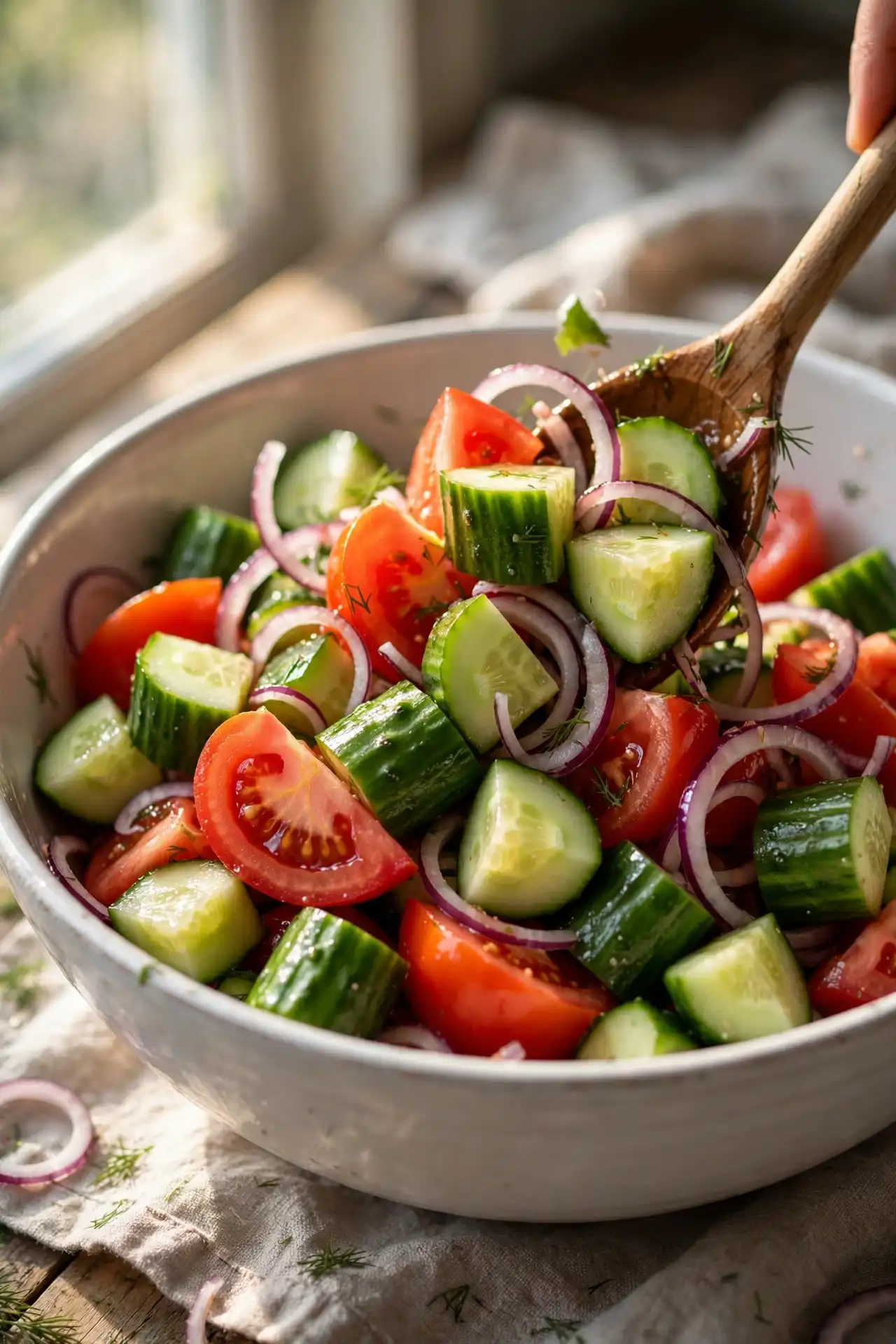 Cucumber chunks, tomato wedges, and sliced red onion being combined in a white bowl — step in making greek salad