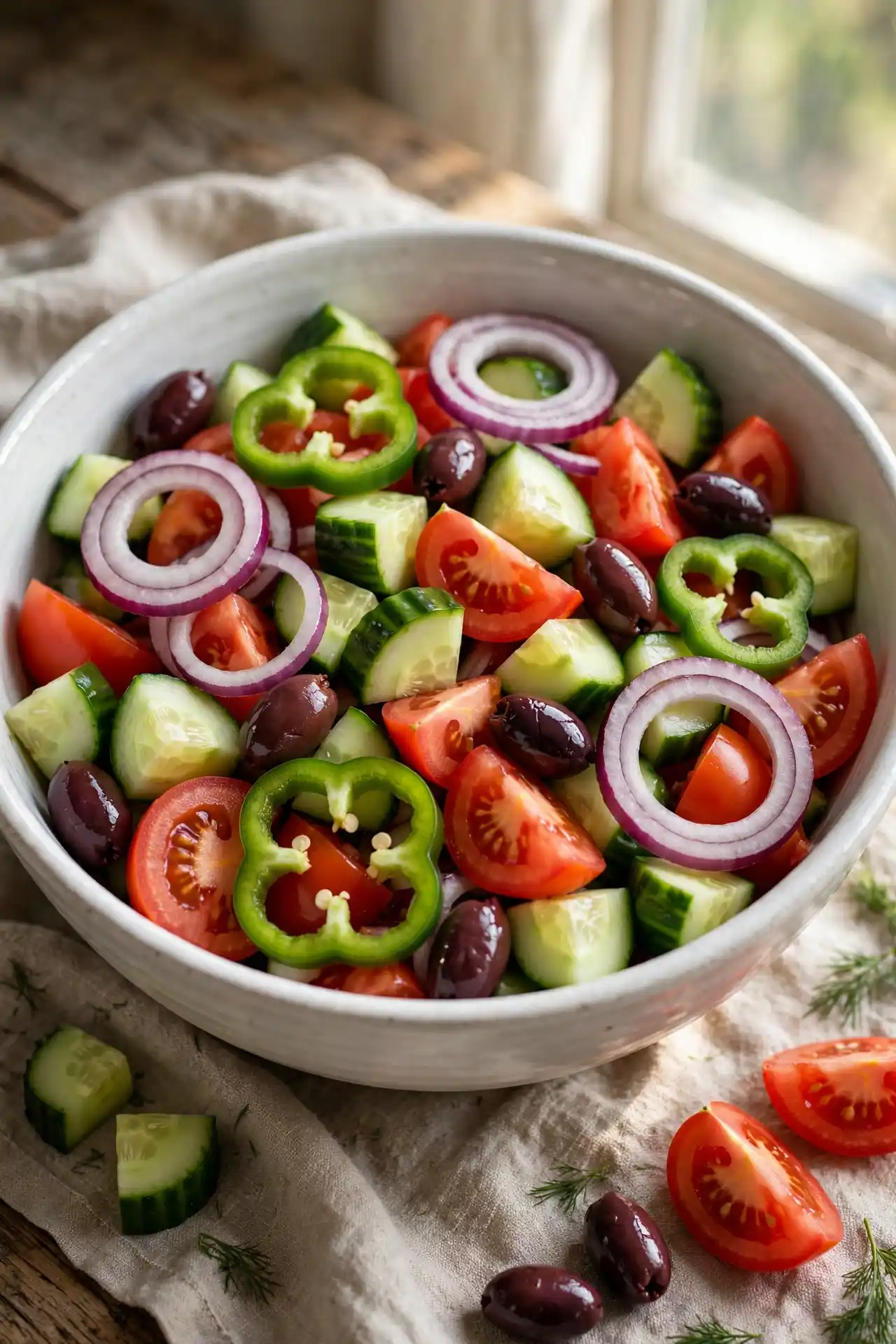 Cucumber, tomatoes, red onion, bell pepper, and kalamata olives combined in a bowl, ready for dressing — step in making greek salad