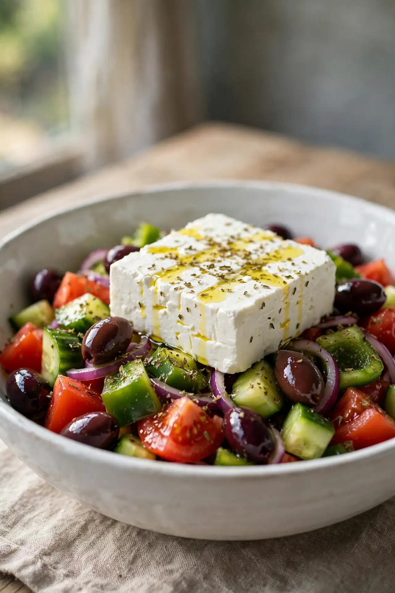 Finished Greek salad with a whole feta block placed on top of the vegetables in a white ceramic bowl — greek salad
