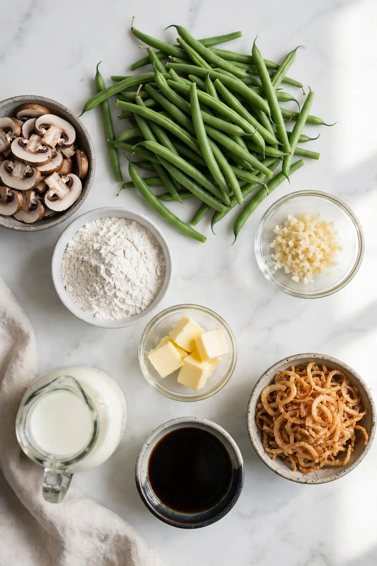 All ingredients for green bean casserole laid out flat on a white marble surface — green bean casserole ingredients