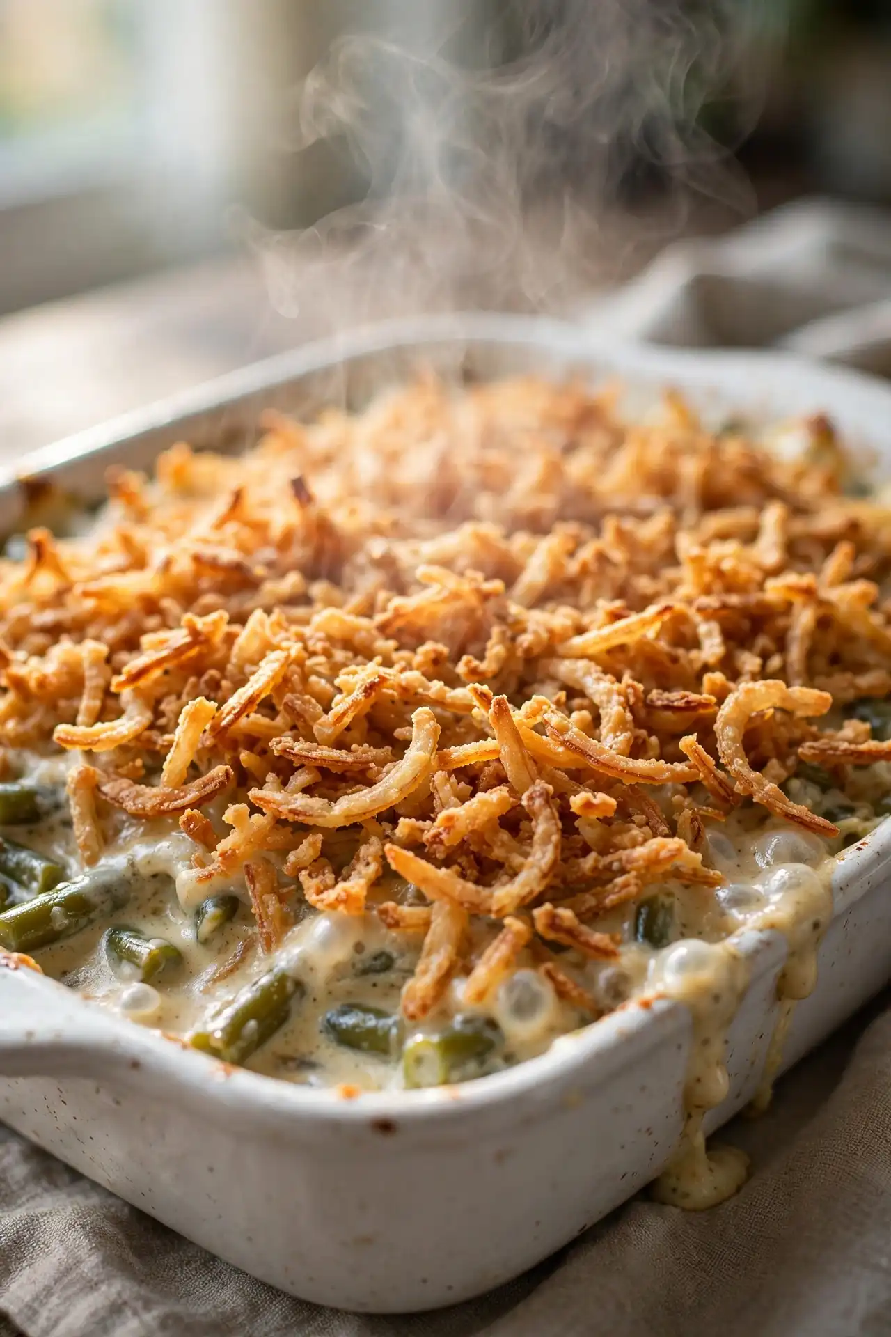 Close-up of green bean casserole showing crispy golden onion topping and creamy mushroom sauce at the edges — green bean casserole recipe card