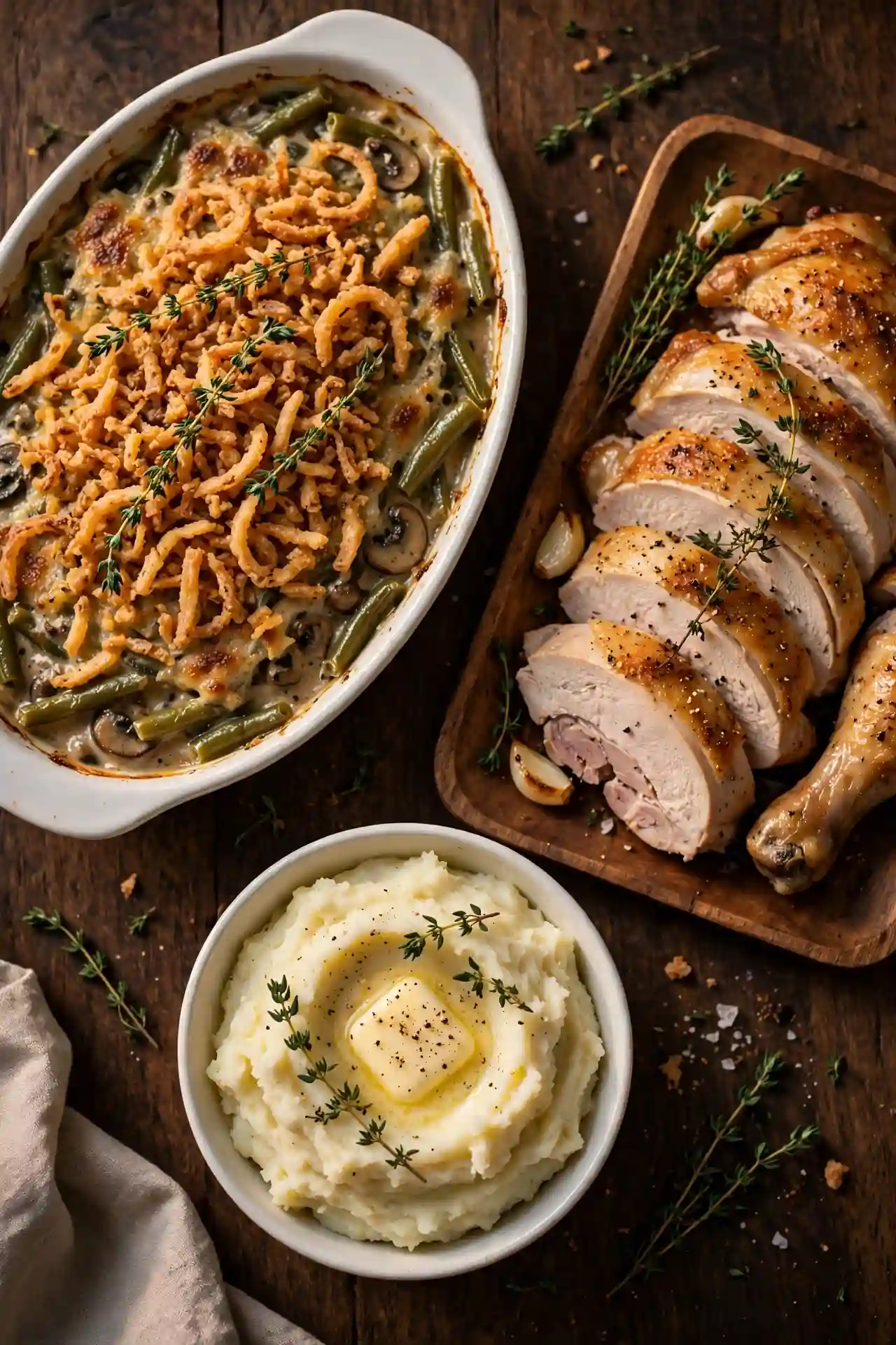 Green bean casserole plated alongside roast chicken and mashed potatoes on a dark wooden table, ready to serve — green bean casserole