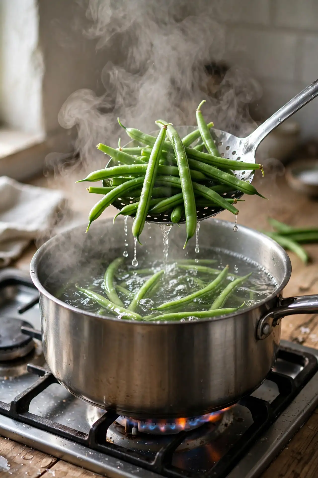 Bright green beans being lifted from boiling water with a slotted spoon — step in making green bean casserole