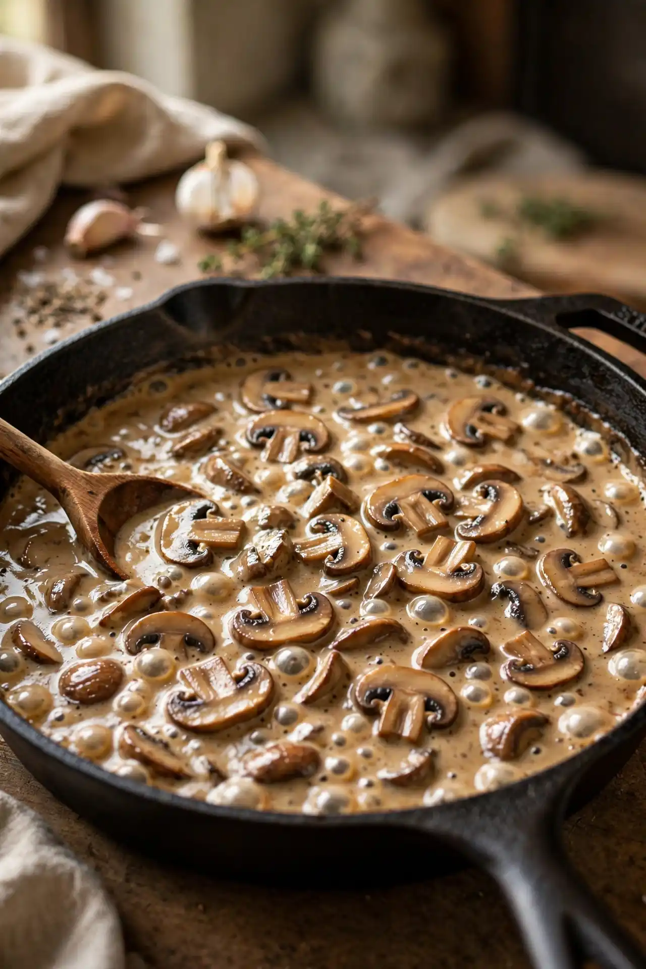 Thick mushroom sauce cooking in a cast iron skillet with sliced mushrooms visible — midpoint step in making green bean casserole