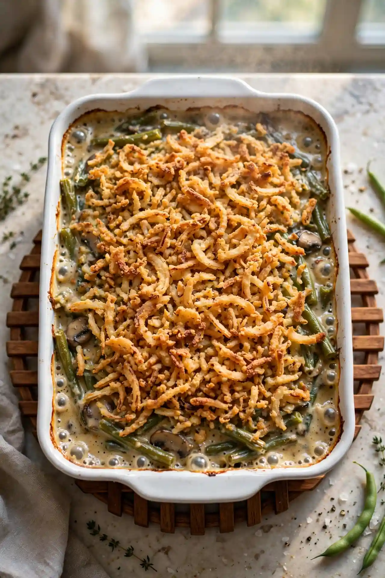 Green bean casserole fresh from the oven with crispy golden onion topping and bubbling sauce at the edges — final step in making green bean casserole