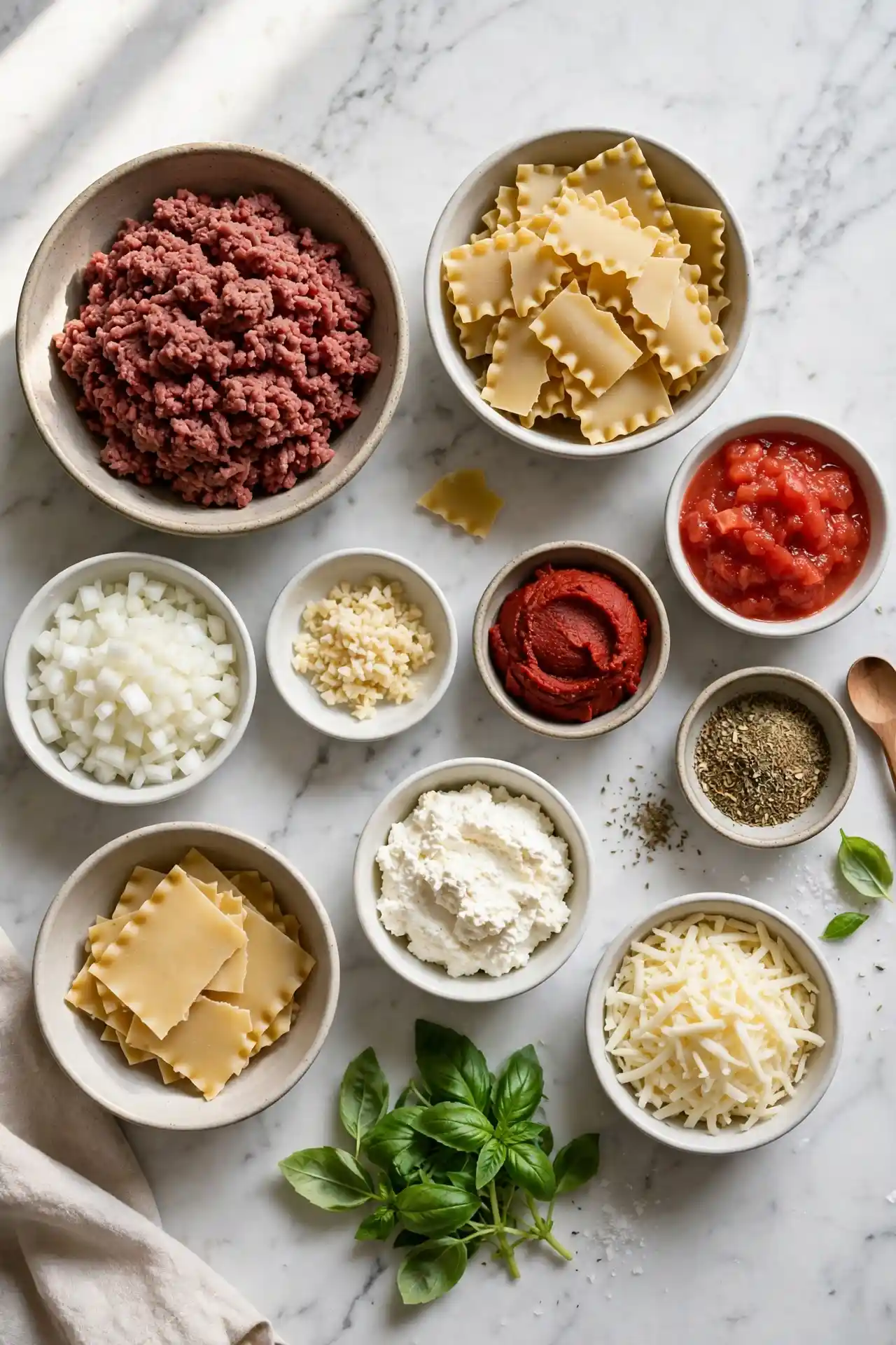 All ingredients for lasagna soup laid out flat on white marble — lasagna soup recipe ingredients