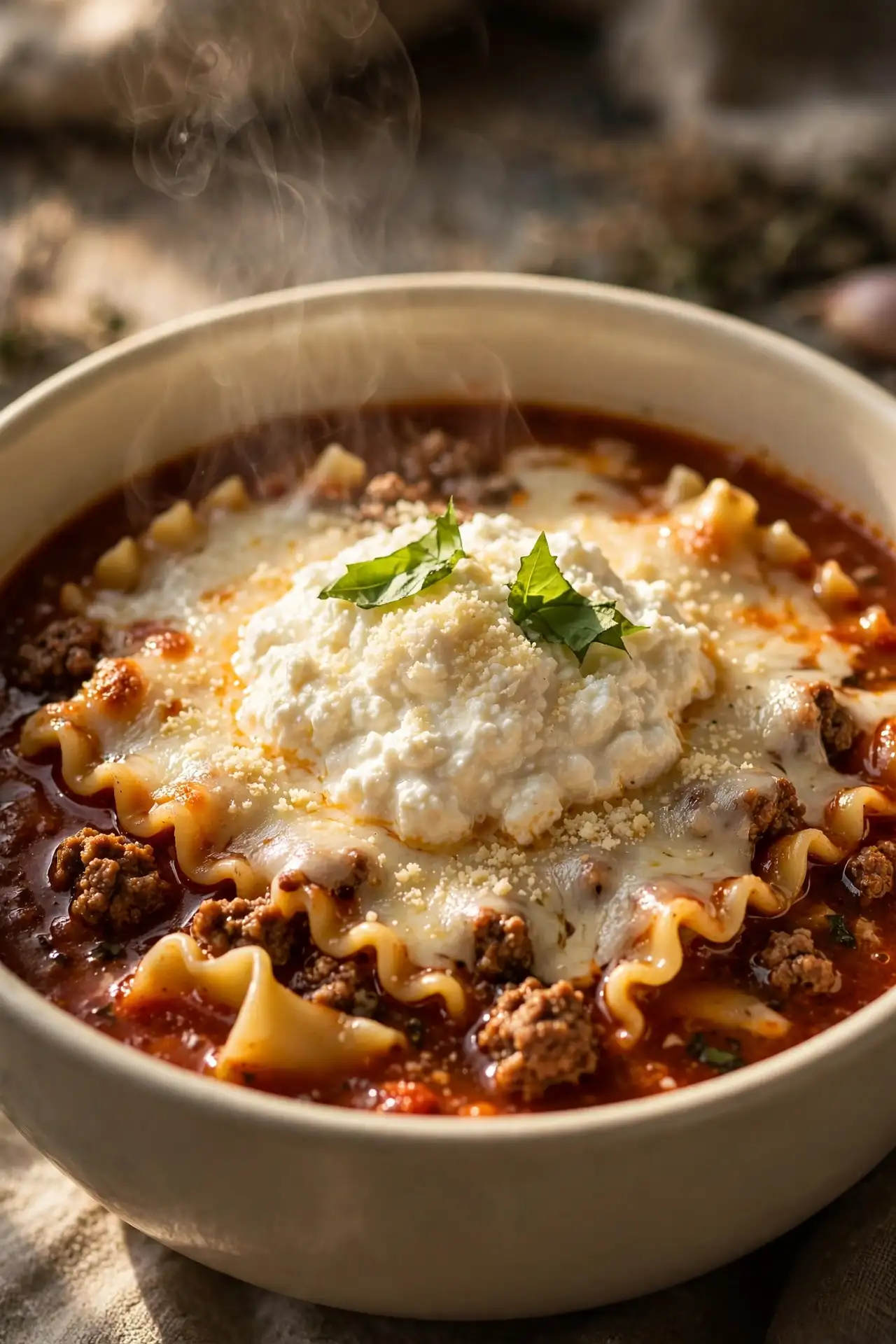 Close-up of lasagna soup showing melted ricotta, mozzarella pull, and tomato beef broth — lasagna soup recipe