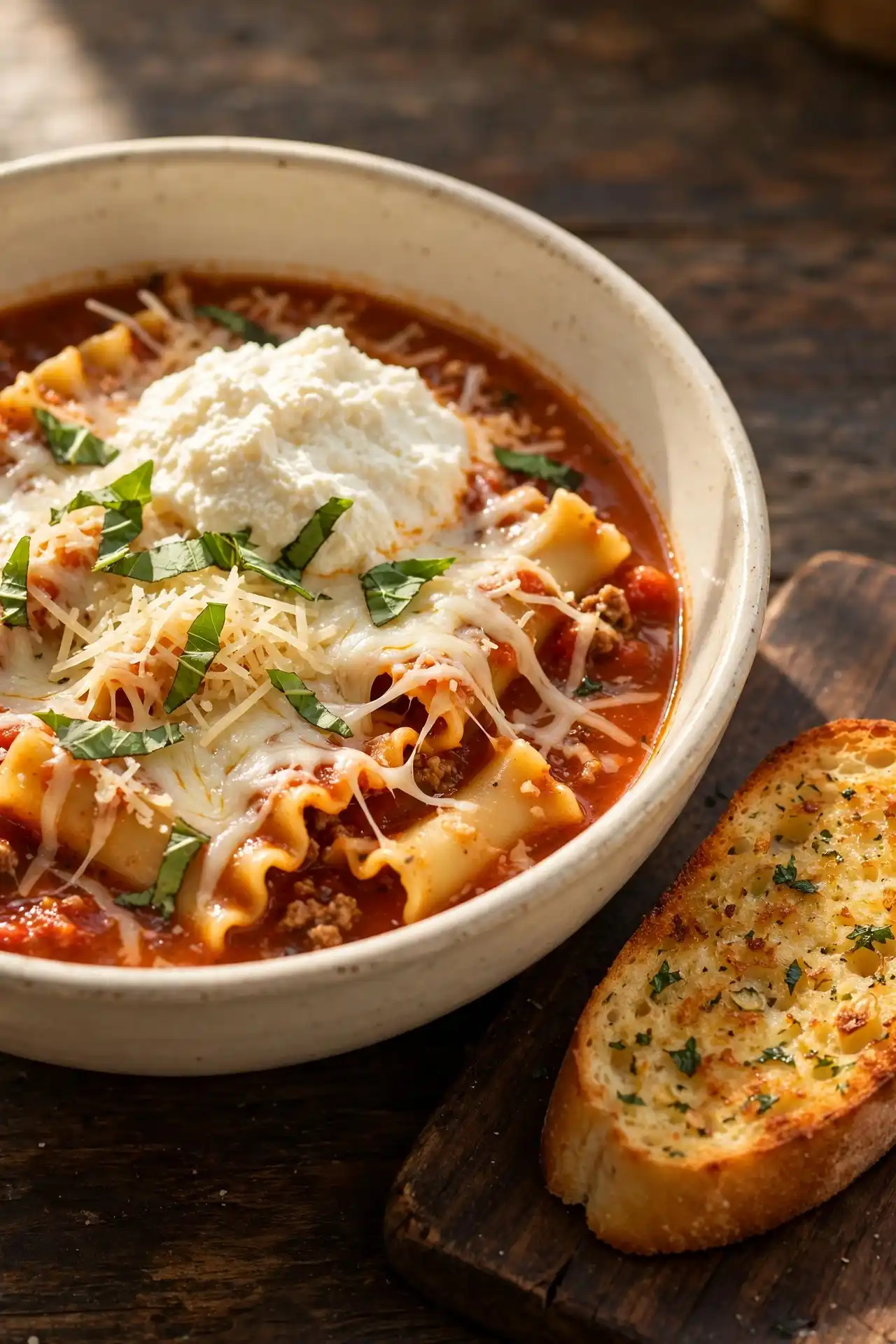 Lasagna soup plated with ricotta, mozzarella, and basil served alongside garlic bread on a wooden board — lasagna soup recipe