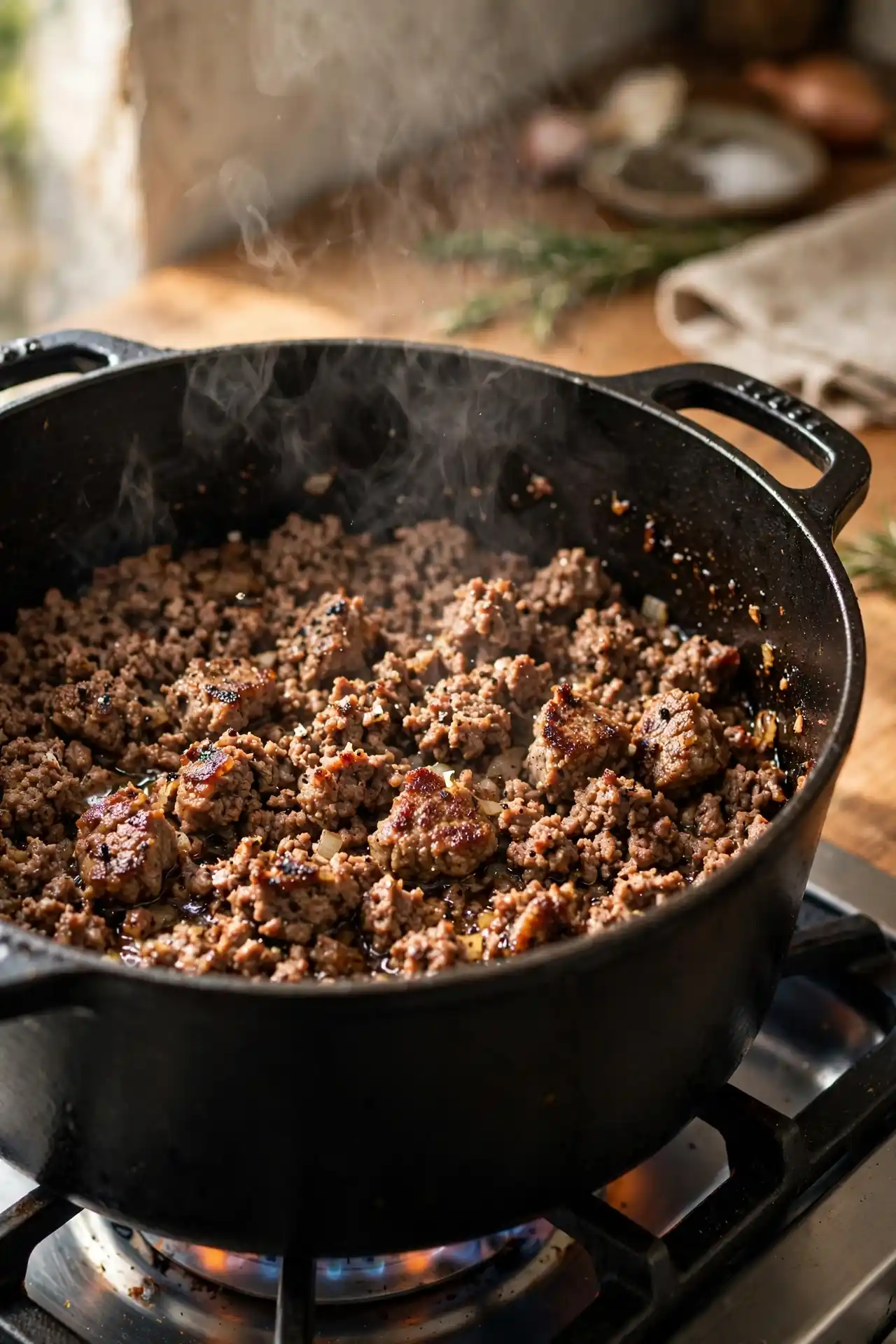 Ground beef browning in a Dutch oven with deep seared edges — early step in making lasagna soup