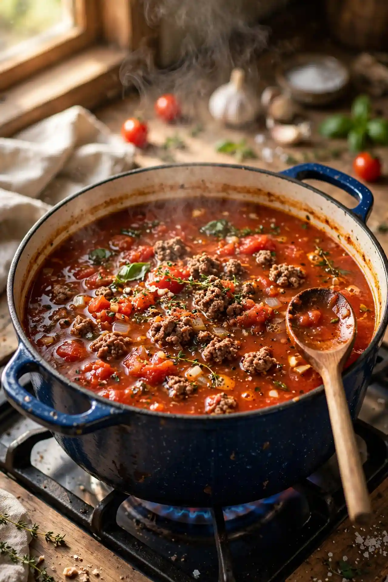 Tomato and beef broth simmering in a Dutch oven — midpoint step in making lasagna soup