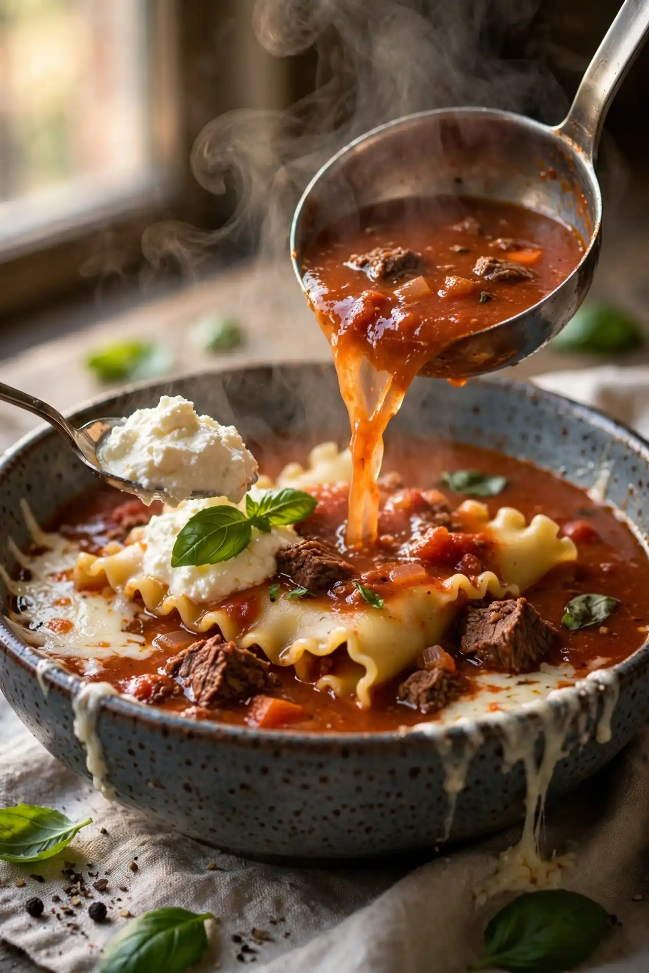 Lasagna soup being served into a bowl with ricotta dollop and melting mozzarella — final step in making lasagna soup