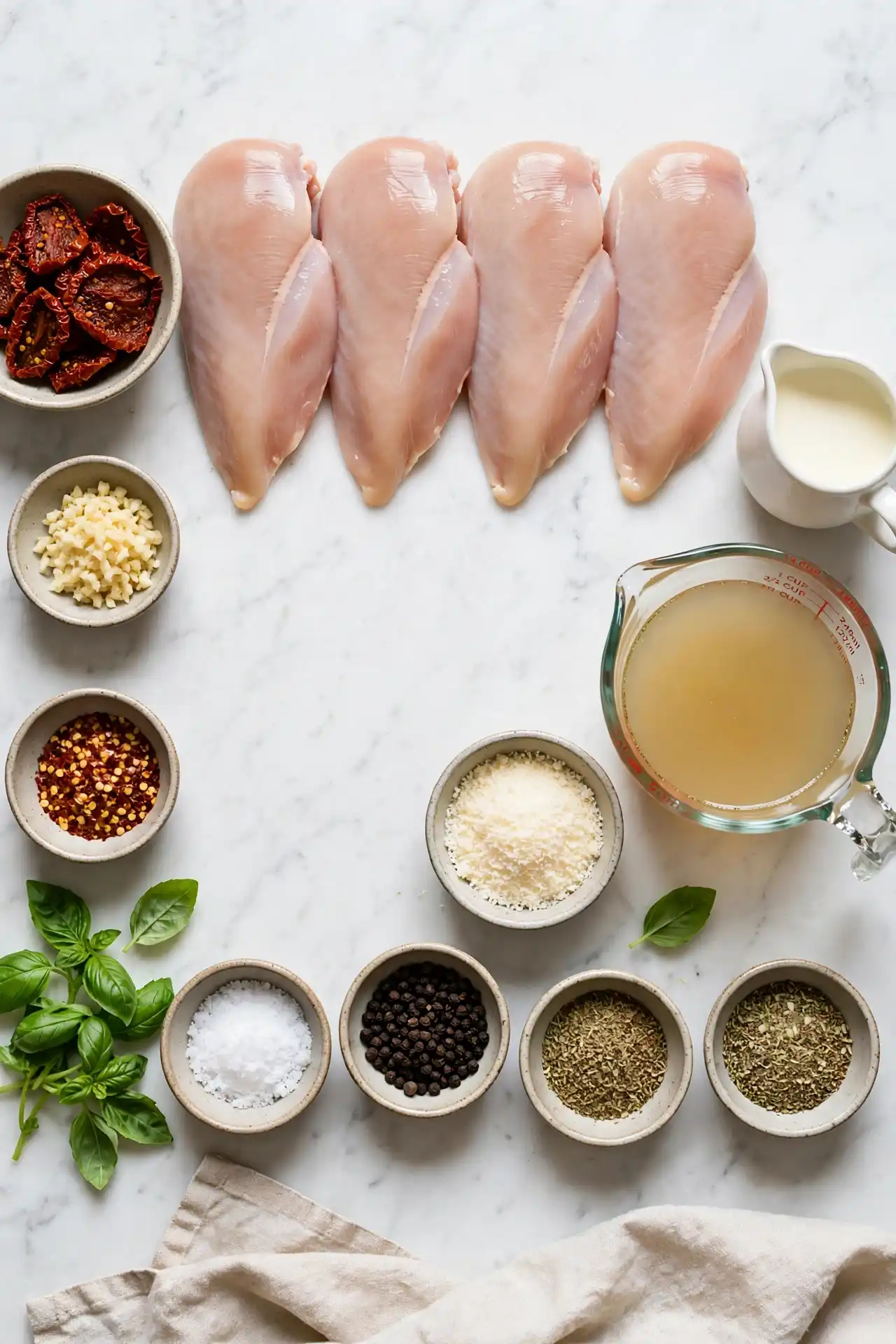 All ingredients for marry me chicken laid out flat on white marble — marry me chicken ingredients