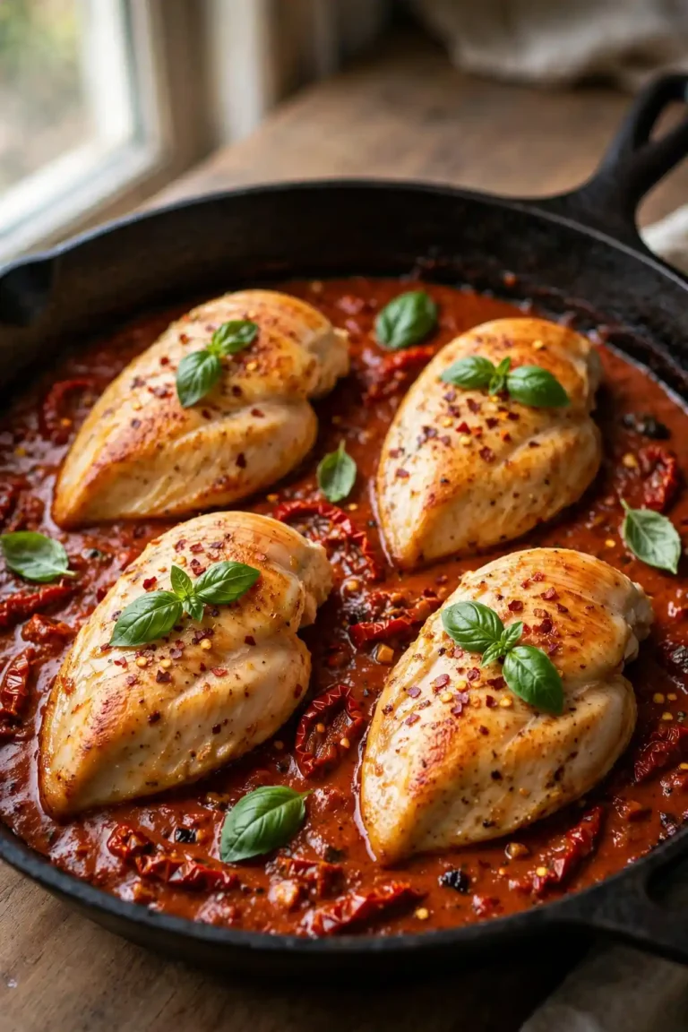 Marry me chicken in a cast iron skillet with creamy sun-dried tomato sauce garnished with fresh basil, natural light — marry me chicken