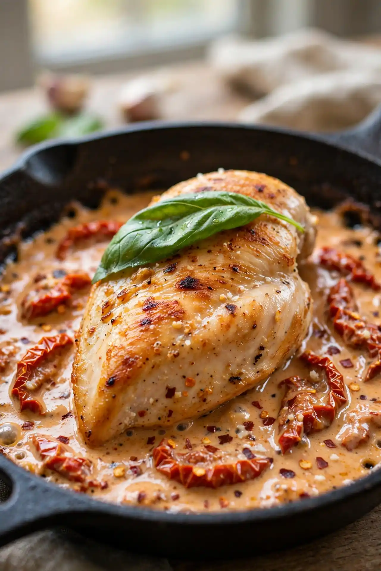 Close-up of marry me chicken showing golden crust and creamy sun-dried tomato sauce — marry me chicken