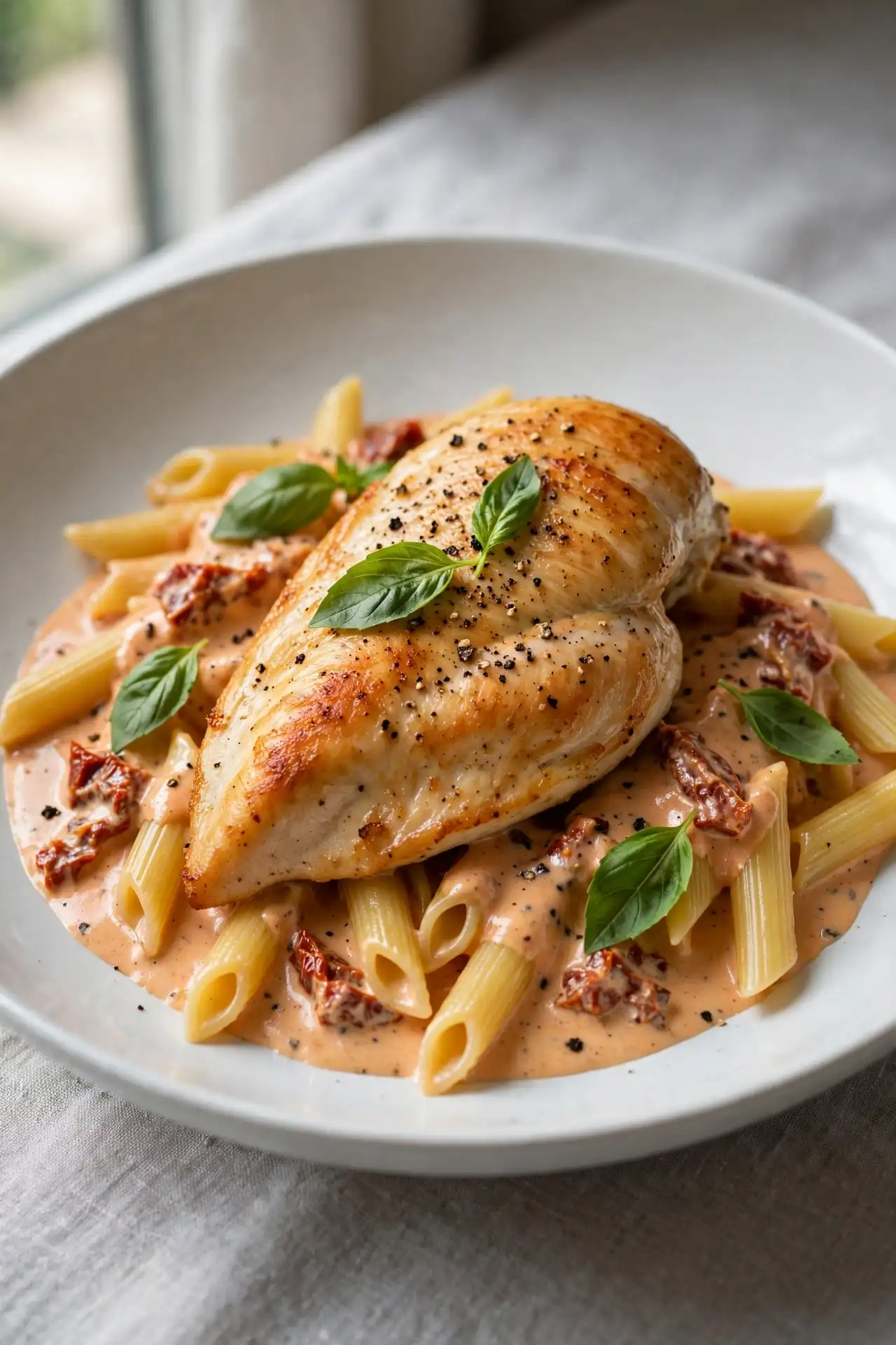 Marry me chicken plated over pasta in a white ceramic bowl, garnished with fresh basil, ready to serve — marry me chicken