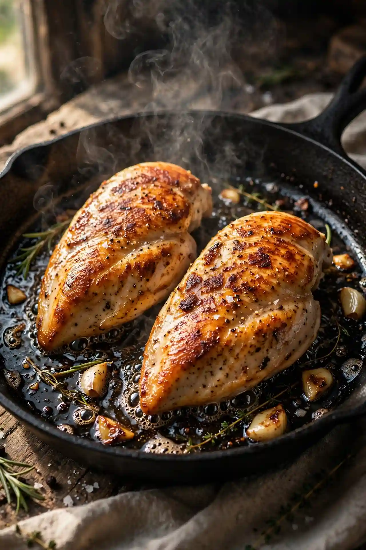 Chicken breasts searing in cast iron skillet with a deep golden crust — step in making marry me chicken