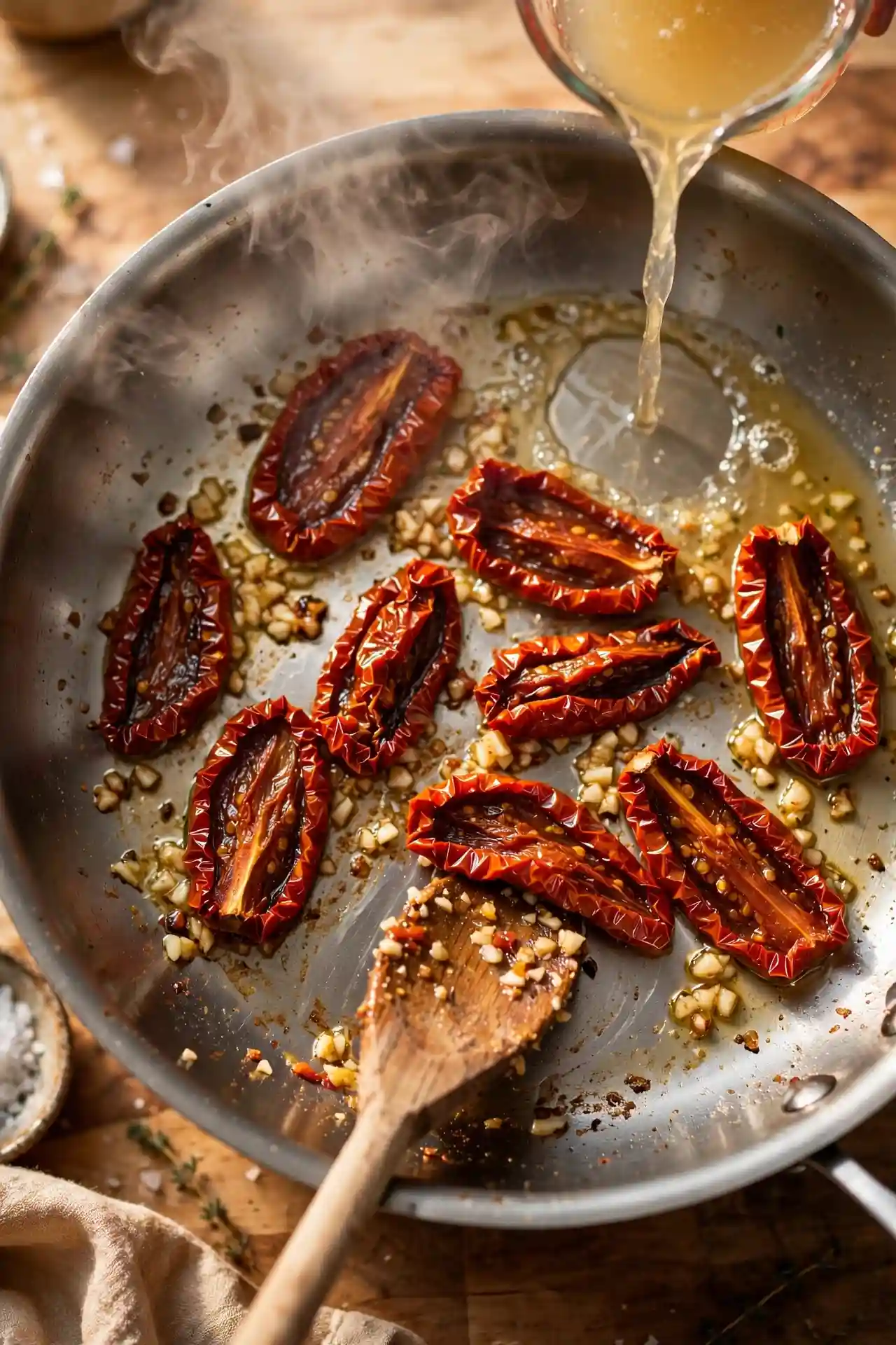 Sun-dried tomatoes and garlic in pan with chicken broth being scraped up — step in making marry me chicken