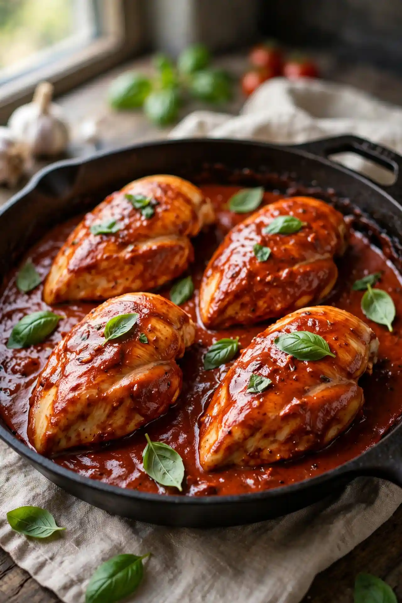 Chicken breasts simmering in sun-dried tomato cream sauce in a cast iron skillet — final step of marry me chicken