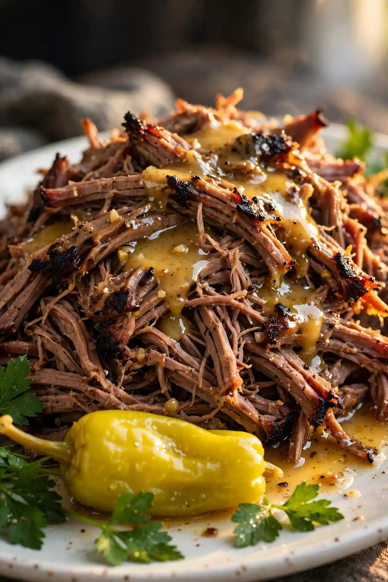 Close-up of shredded Mississippi pot roast showing glistening beef with buttery gravy and pepperoncini — mississippi pot roast recipe card